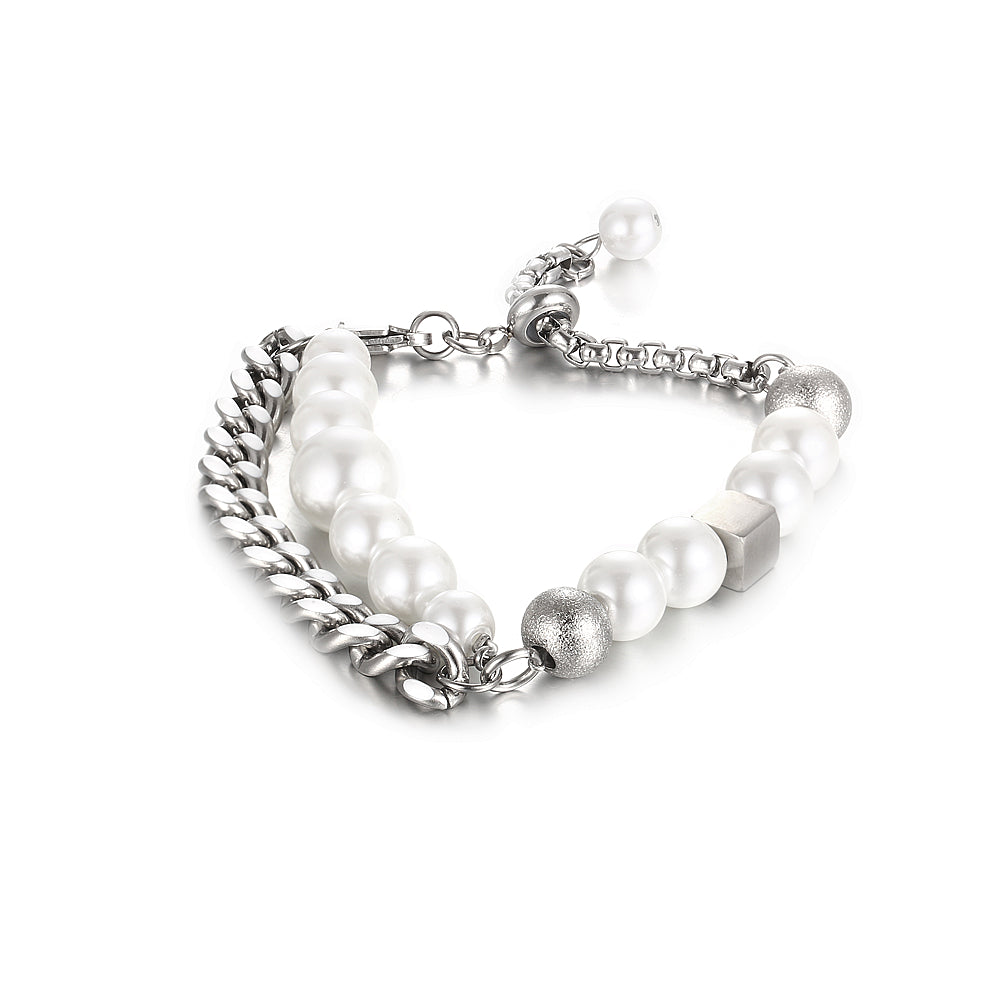 Handmade Pearl Bracelet For Women With PVD Coated 304 Stainless Steel And Artificial Pearl On Cuban Link Chain