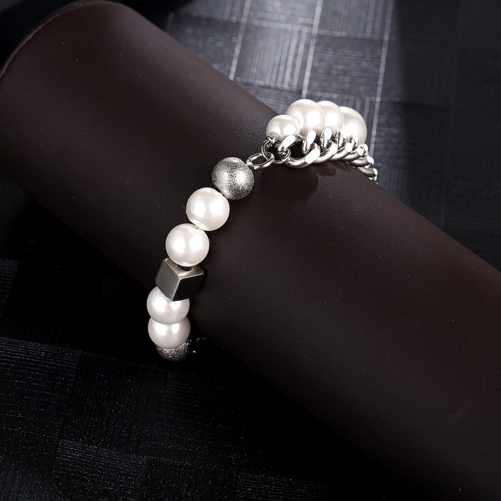 Handmade Pearl Bracelet For Women With PVD Coated 304 Stainless Steel And Artificial Pearl On Cuban Link Chain