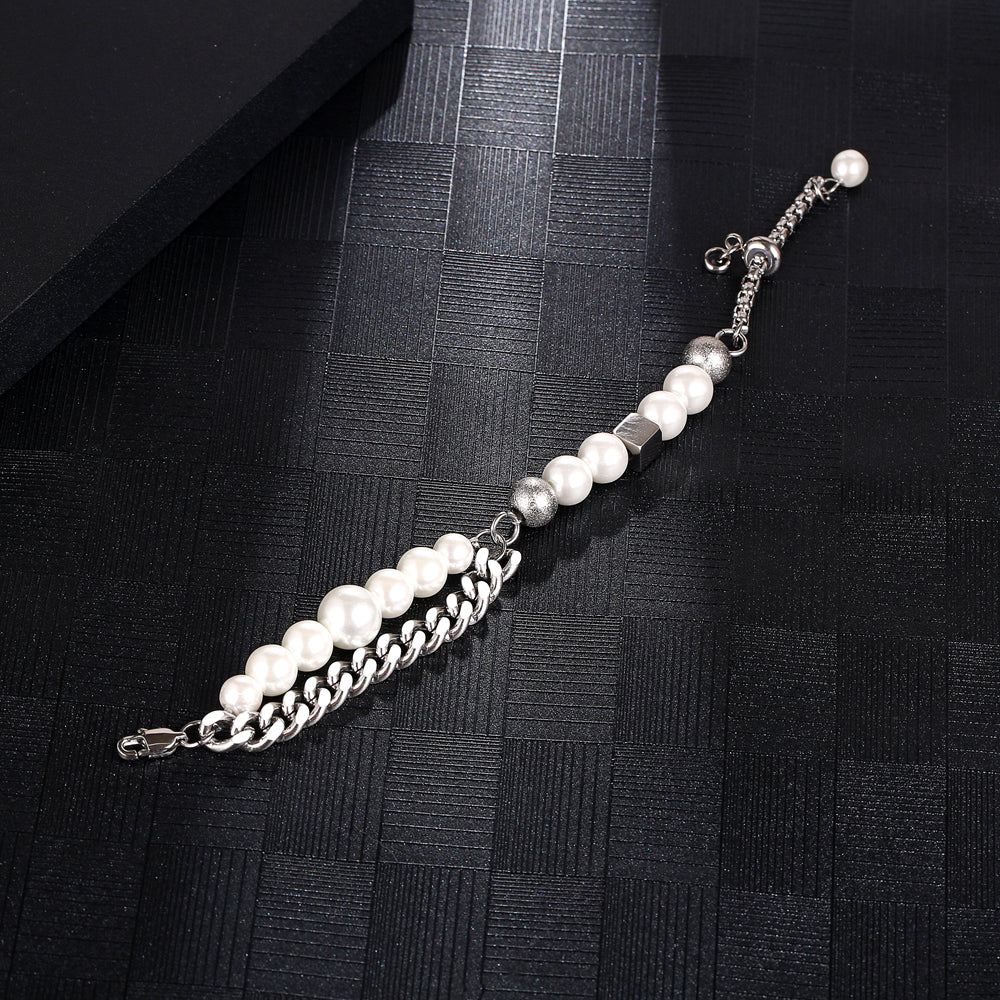 Handmade Pearl Bracelet For Women With PVD Coated 304 Stainless Steel And Artificial Pearl On Cuban Link Chain