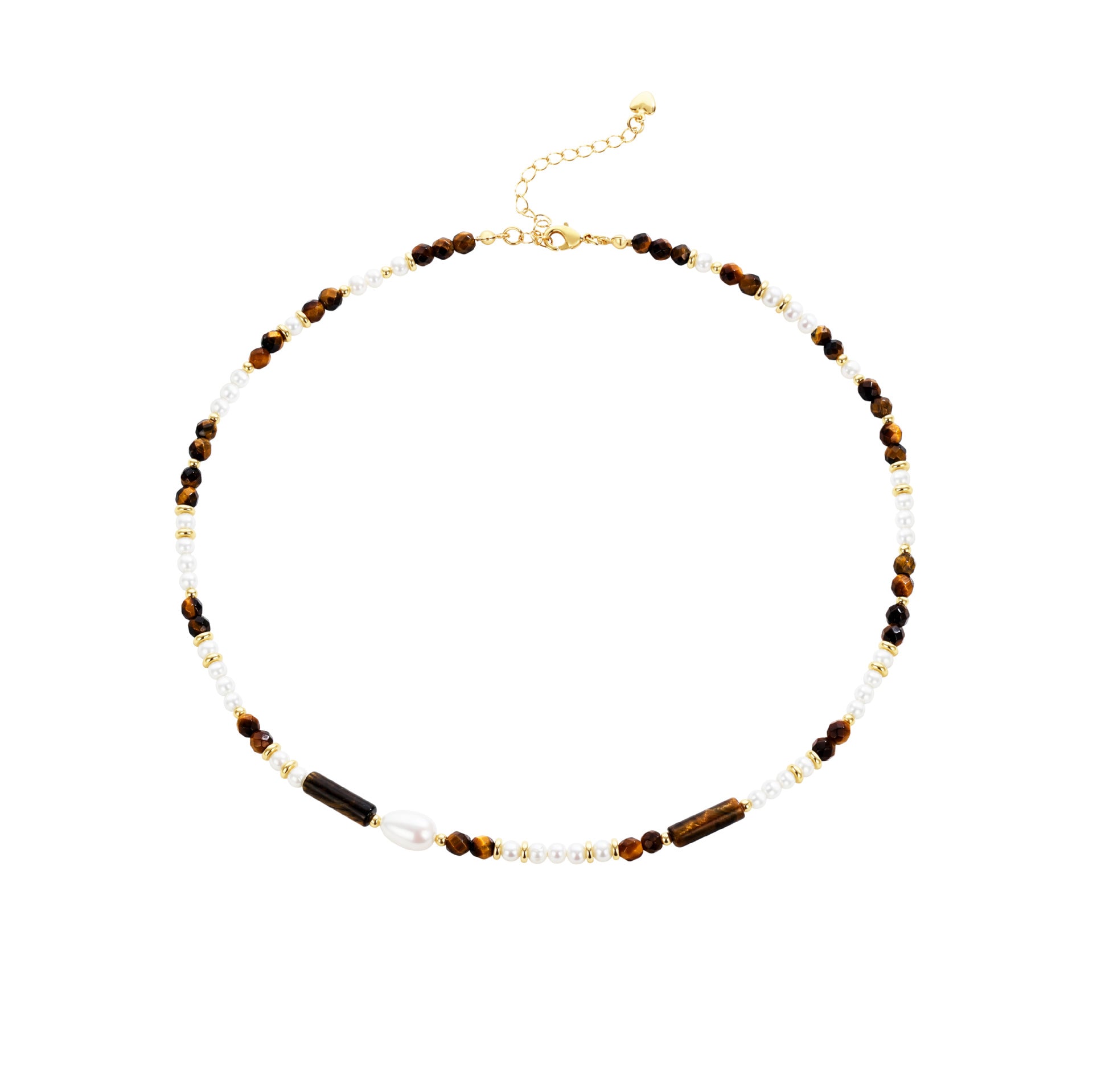 Layered Necklace For Women Featuring Pearl Pattern With Zircon Inlay, Tiger Eye Material Pendant In Copper, Beaded Chain Craft