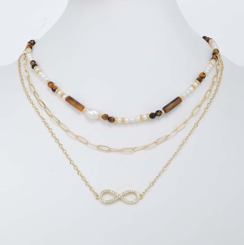 Layered Necklace For Women Featuring Pearl Pattern With Zircon Inlay, Tiger Eye Material Pendant In Copper, Beaded Chain Craft