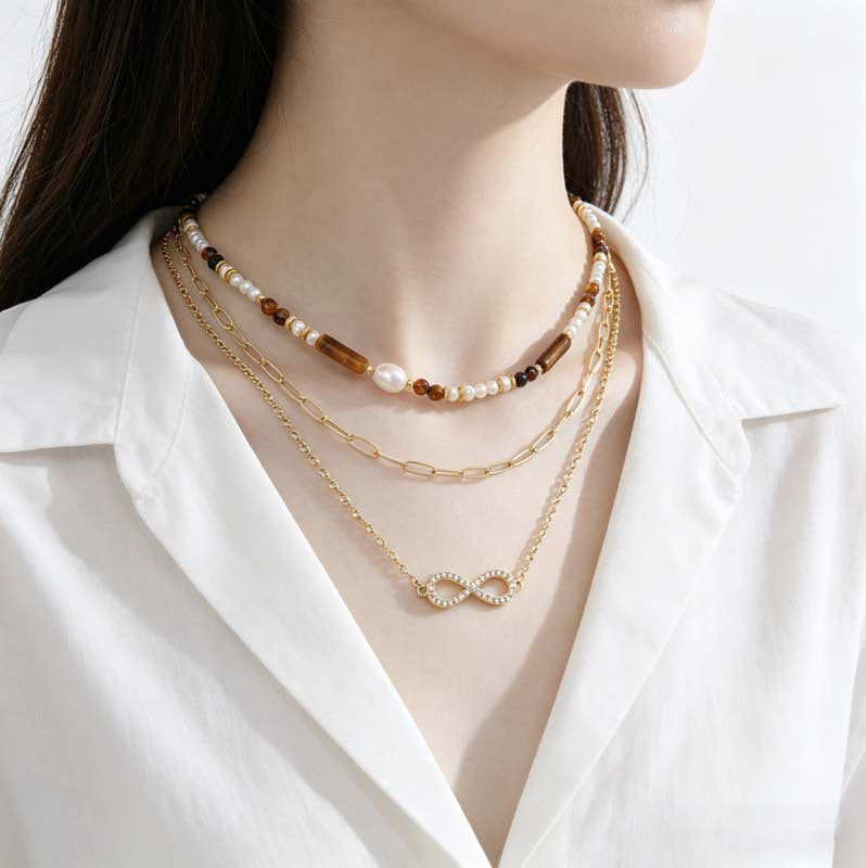 Layered Necklace For Women Featuring Pearl Pattern With Zircon Inlay, Tiger Eye Material Pendant In Copper, Beaded Chain Craft