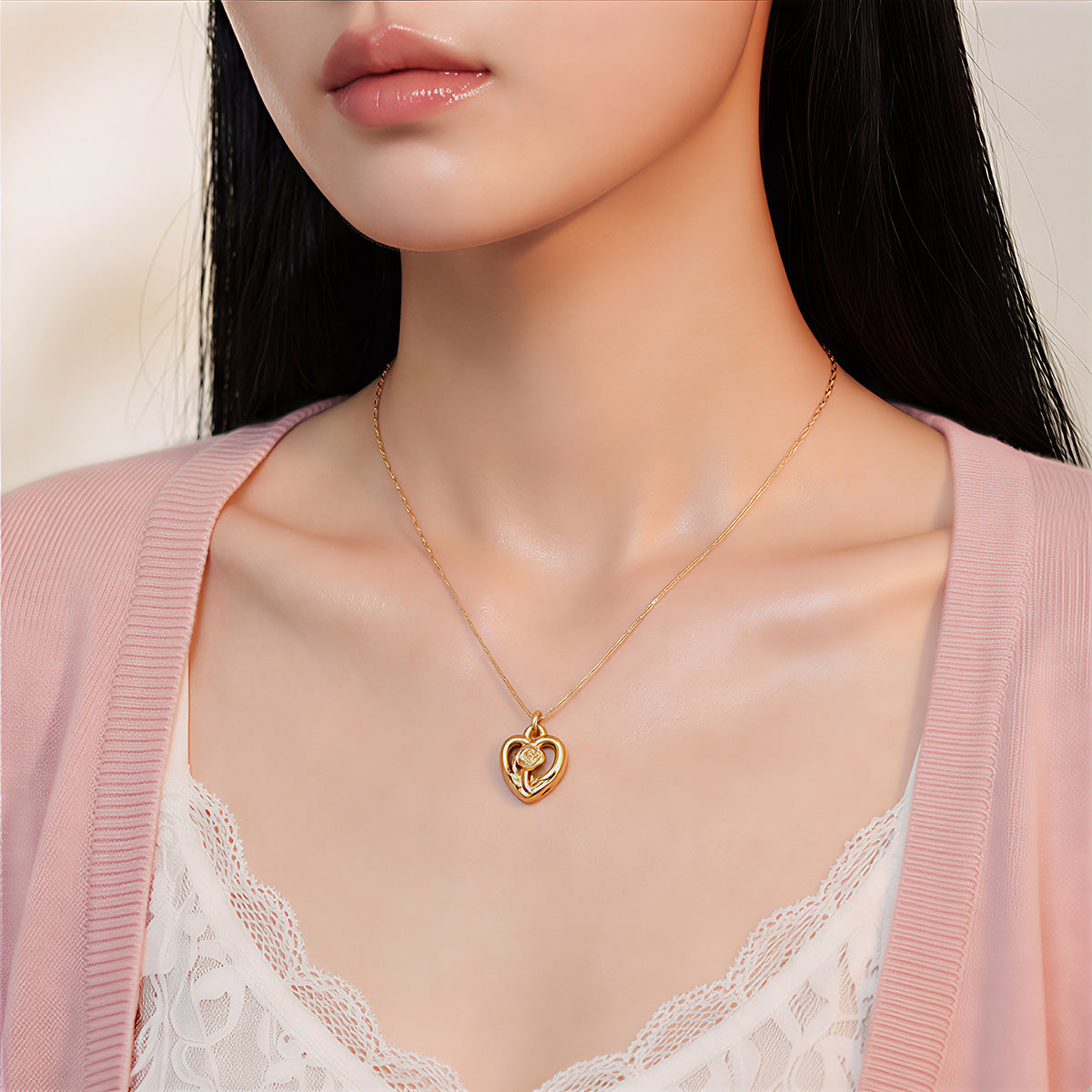 Heart Shape Pendant Necklace For Women In Gold Titanium Steel With Rhinestones On Cable Chain