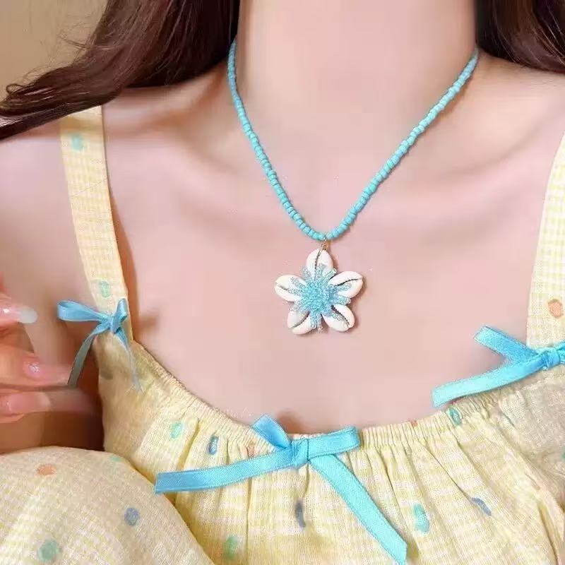 Marine Style Flowers Beaded Chain Necklace With Alloy Pendant For Women