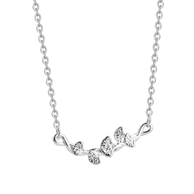 Sweet Ginkgo Leaf Necklace For Women In Silver Copper With Zircon Inlay And Snake Chain