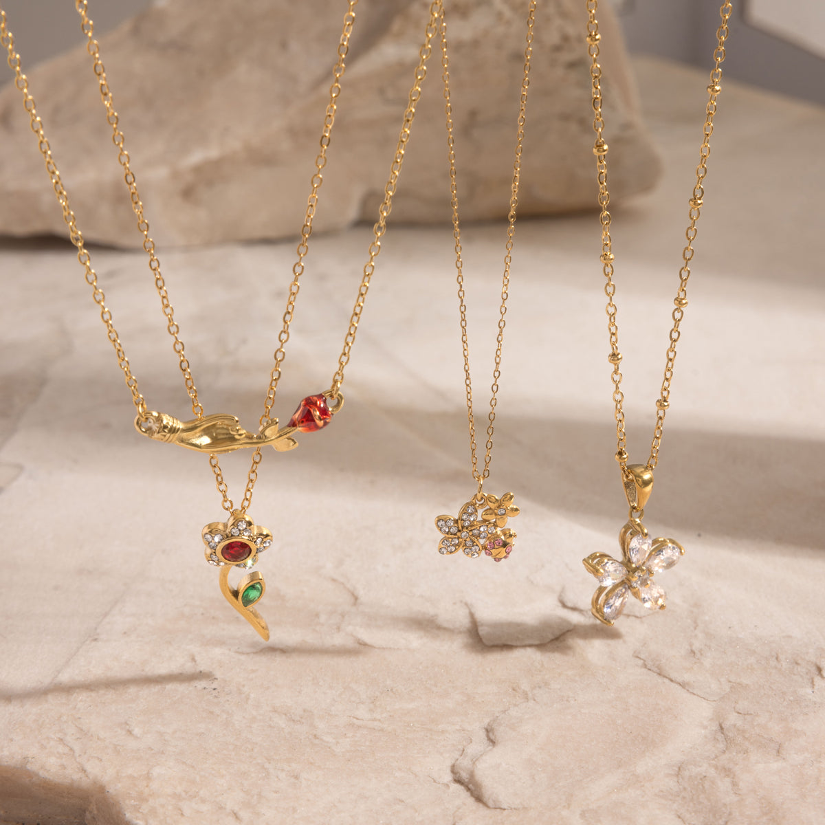 Geometric Waterproof Necklace For Women, 18K Gold Plated 304 Stainless Steel With Zircon Inlay, PVD Coated