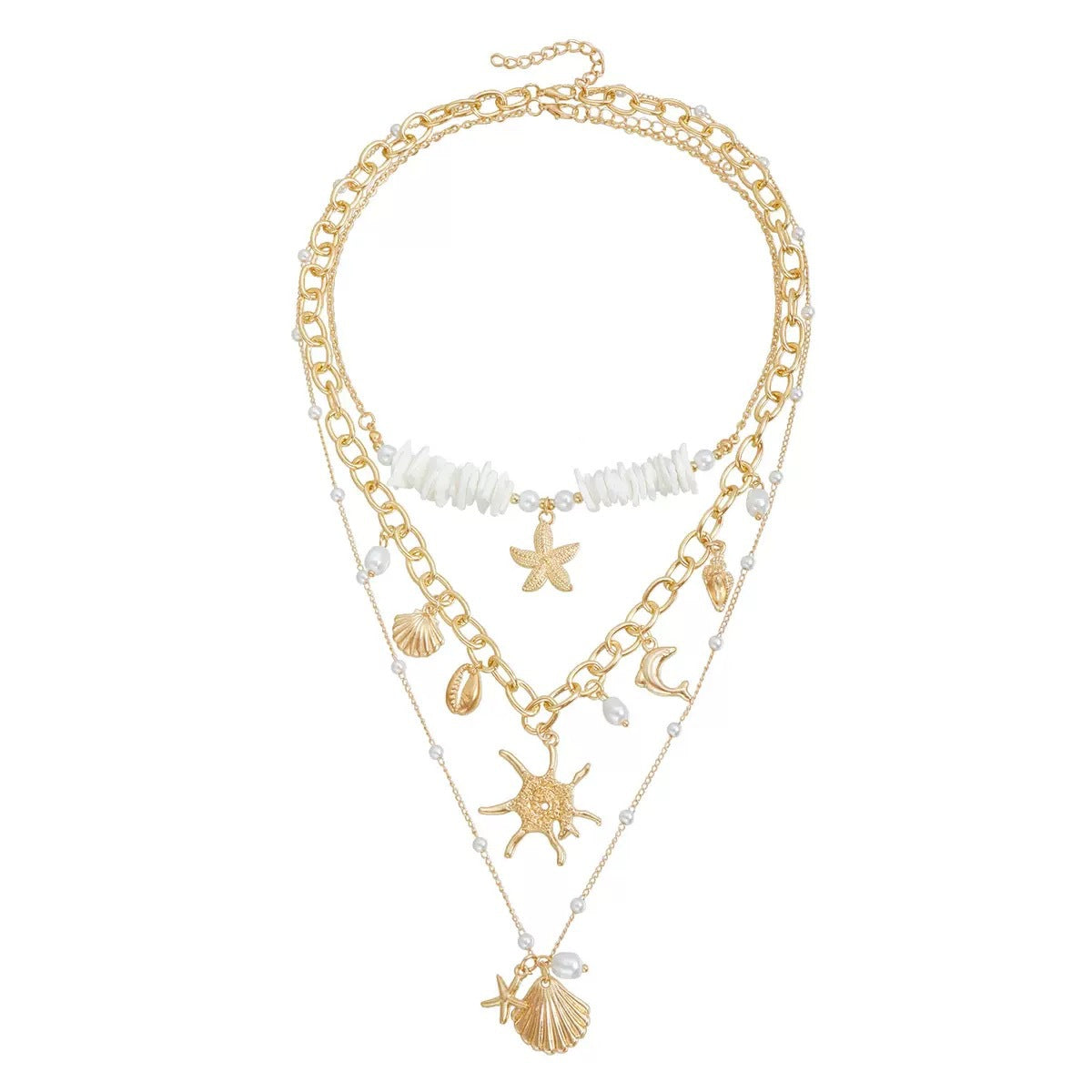 Bohemian Gold Layered Necklace For Women With Alloy Pendant Featuring Shell Inlay