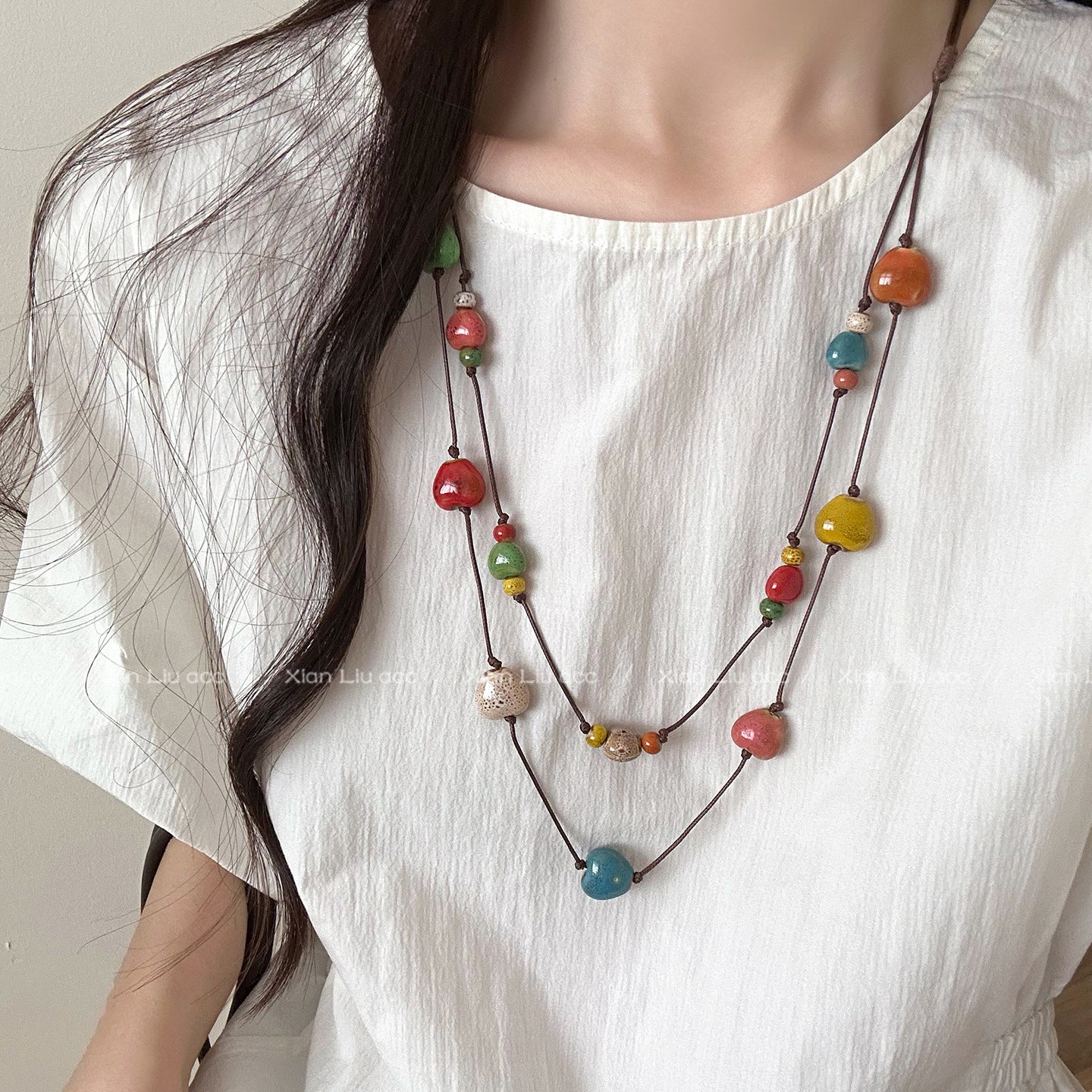 Double Layer Necklaces For Women Featuring Ceramic Pendant With Mixed Materials And Woven Chain In Colour Braid