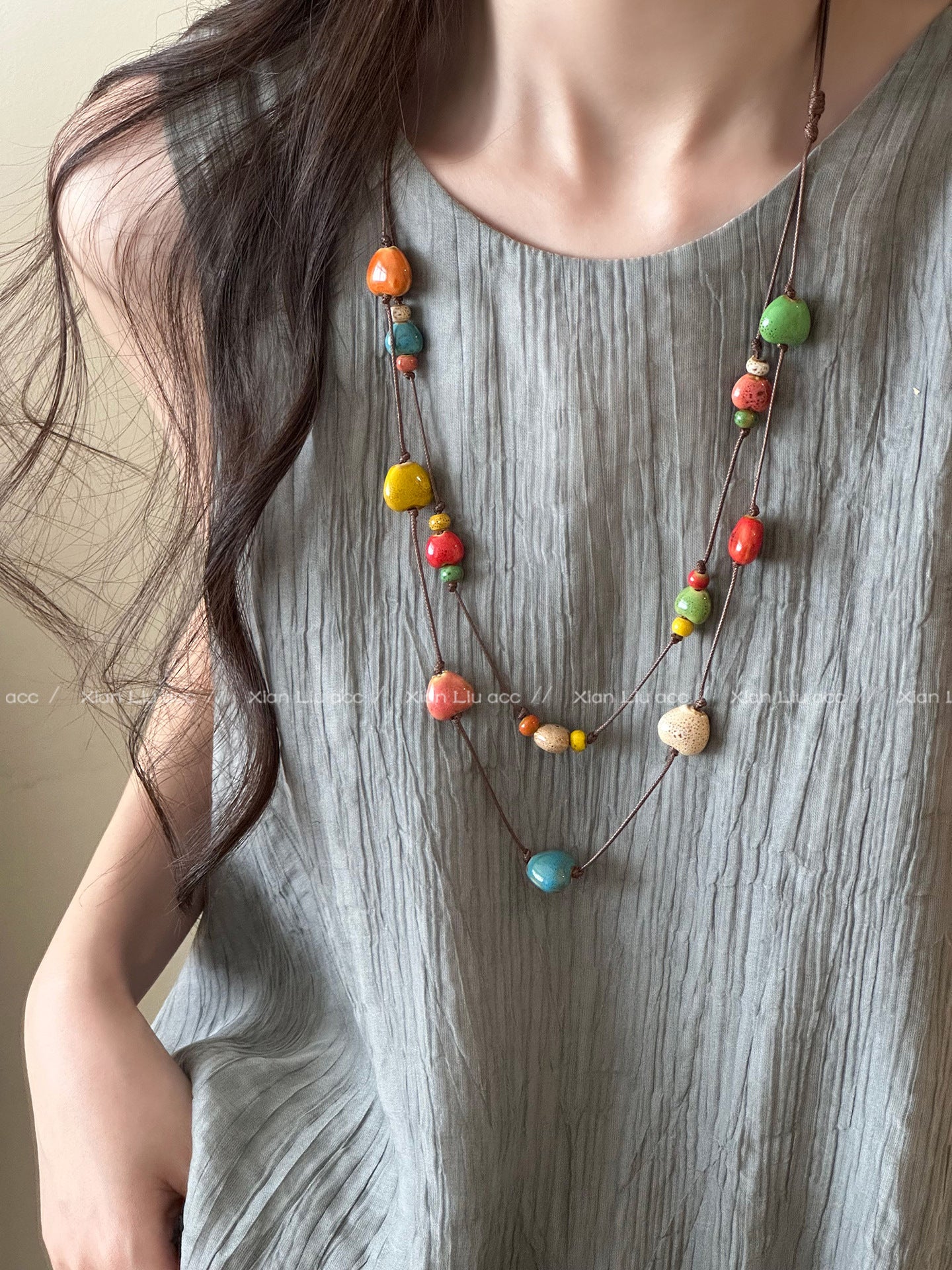 Double Layer Necklaces For Women Featuring Ceramic Pendant With Mixed Materials And Woven Chain In Colour Braid