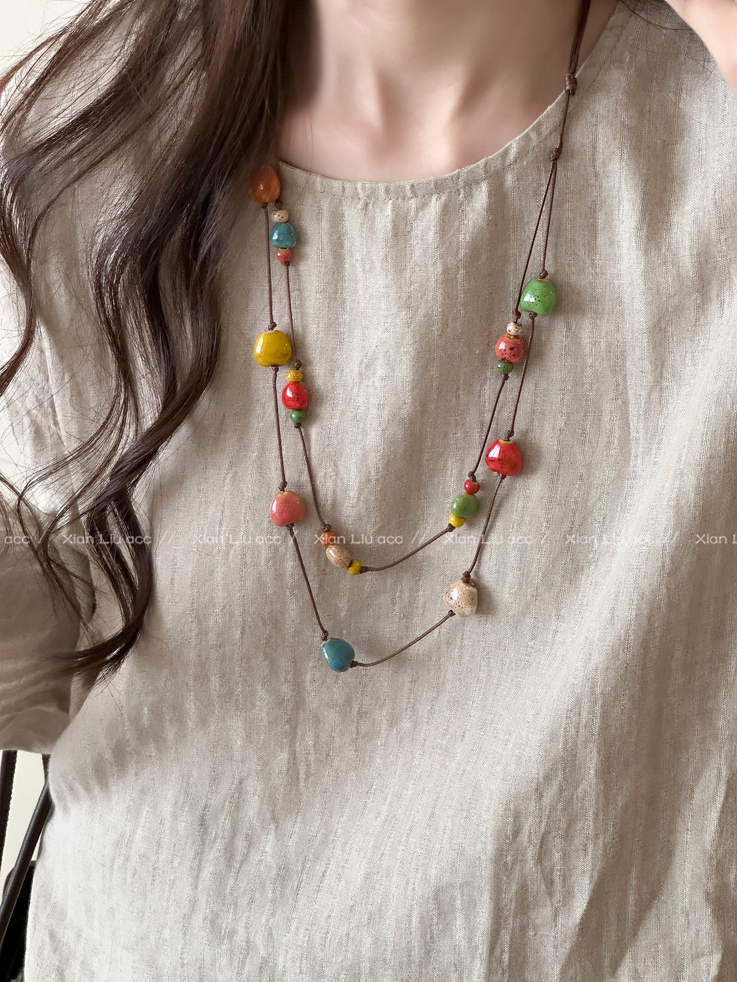 Double Layer Necklaces For Women Featuring Ceramic Pendant With Mixed Materials And Woven Chain In Colour Braid