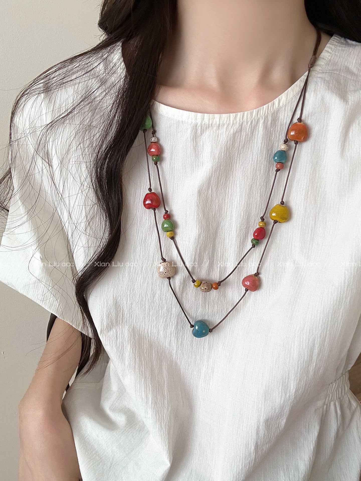 Double Layer Necklaces For Women Featuring Ceramic Pendant With Mixed Materials And Woven Chain In Colour Braid