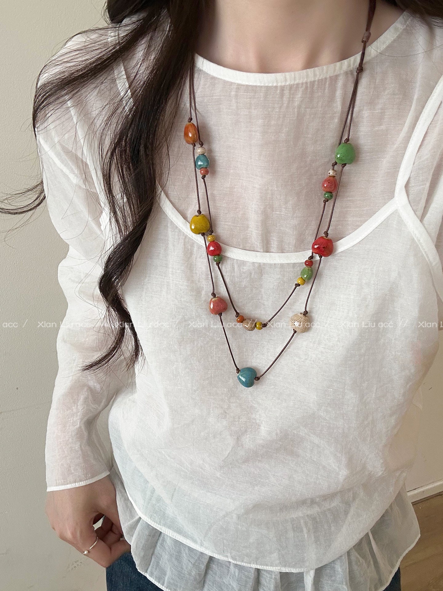 Double Layer Necklaces For Women Featuring Ceramic Pendant With Mixed Materials And Woven Chain In Colour Braid