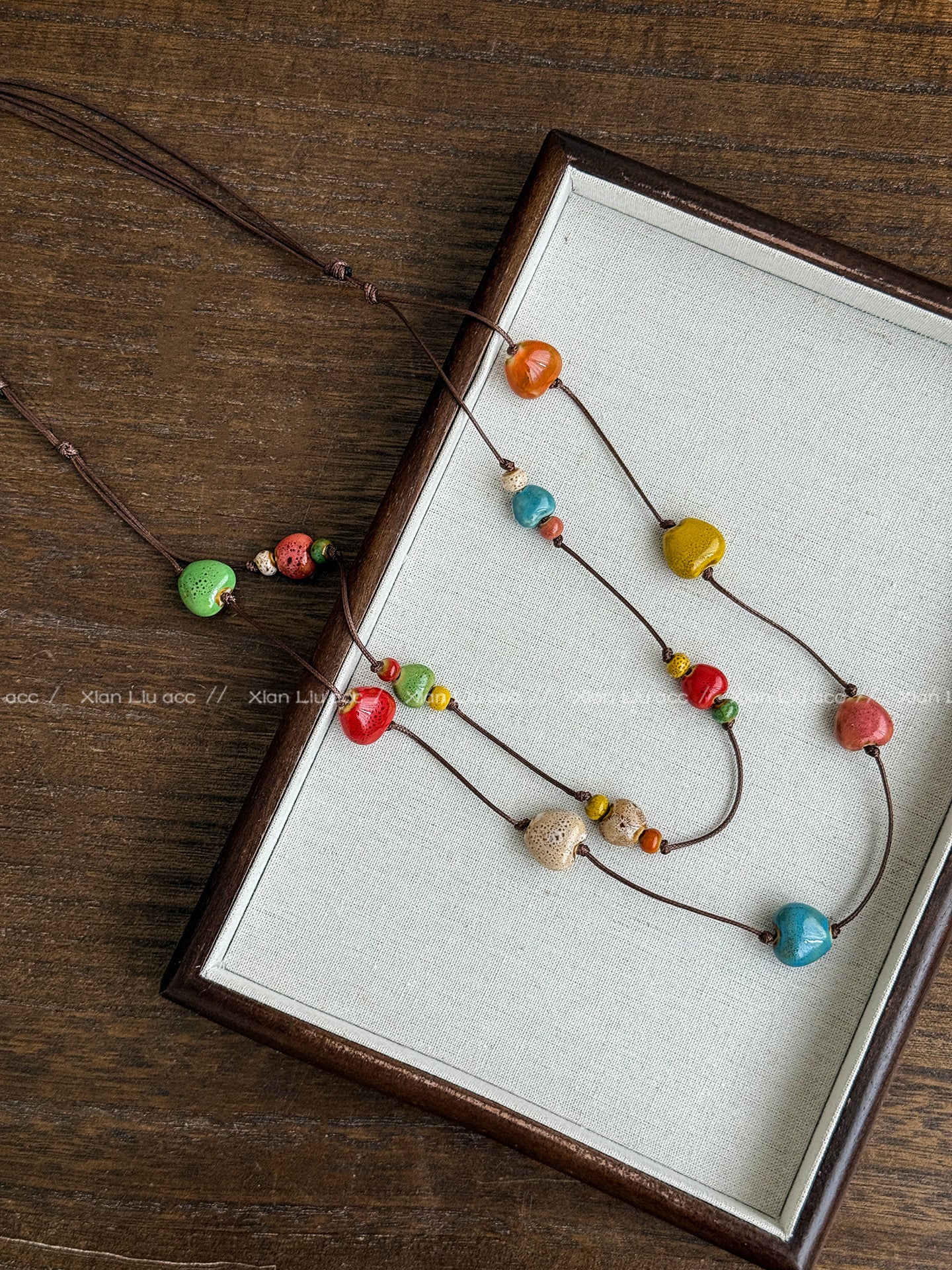 Double Layer Necklaces For Women Featuring Ceramic Pendant With Mixed Materials And Woven Chain In Colour Braid