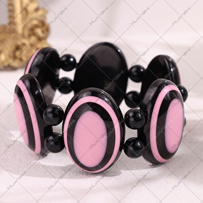 Oval Acrylic Bangle With Resin Inlay Featuring Beading Craft In Simple Style For Women