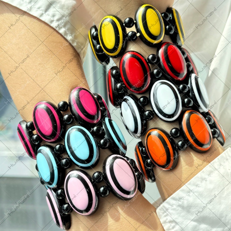 Oval Acrylic Bangle With Resin Inlay Featuring Beading Craft In Simple Style For Women