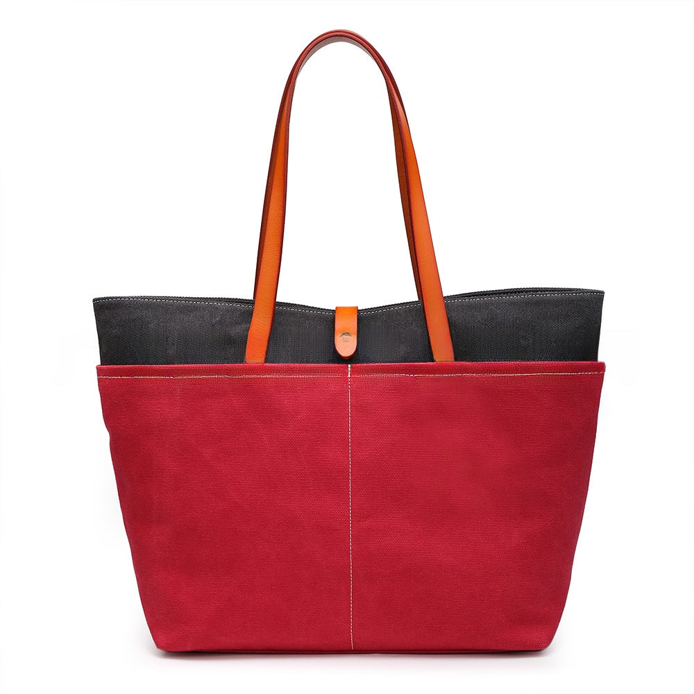 Color Block Square Canvas Tote Bag For Women With Single Shoulder Strap And Large Capacity