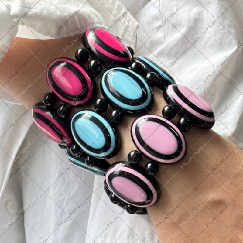 Oval Acrylic Bangle With Resin Inlay Featuring Beading Craft In Simple Style For Women