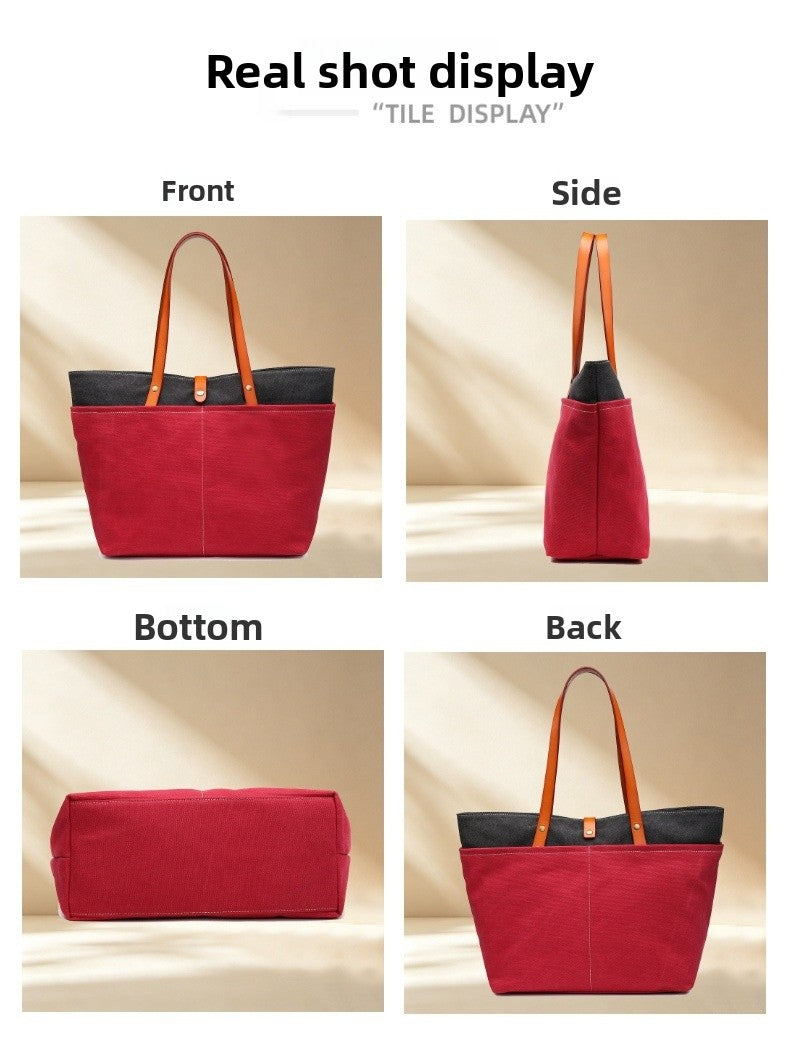 Color Block Square Canvas Tote Bag For Women With Single Shoulder Strap And Large Capacity