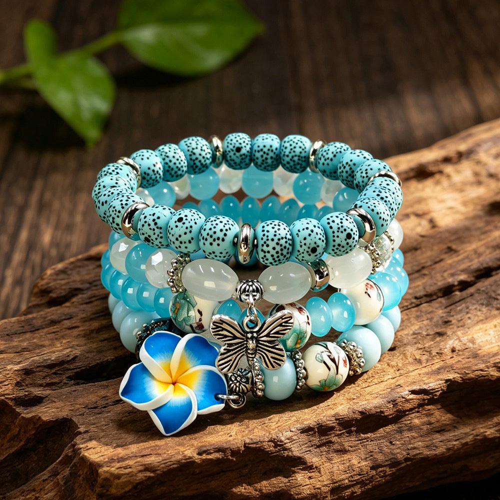 Bohemian Sky Blue Beaded Flowers Alloy Bracelet For Women