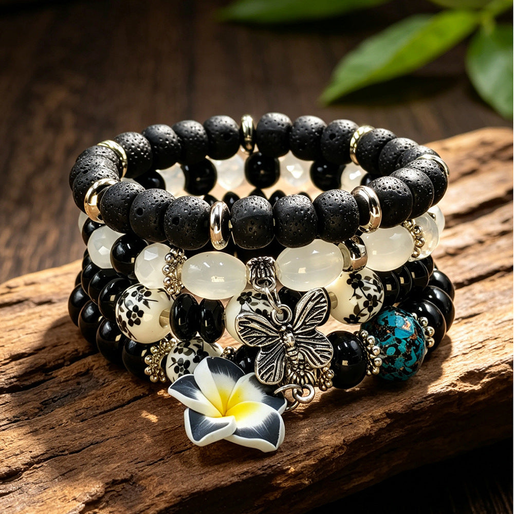 Bohemian Sky Blue Beaded Flowers Alloy Bracelet For Women