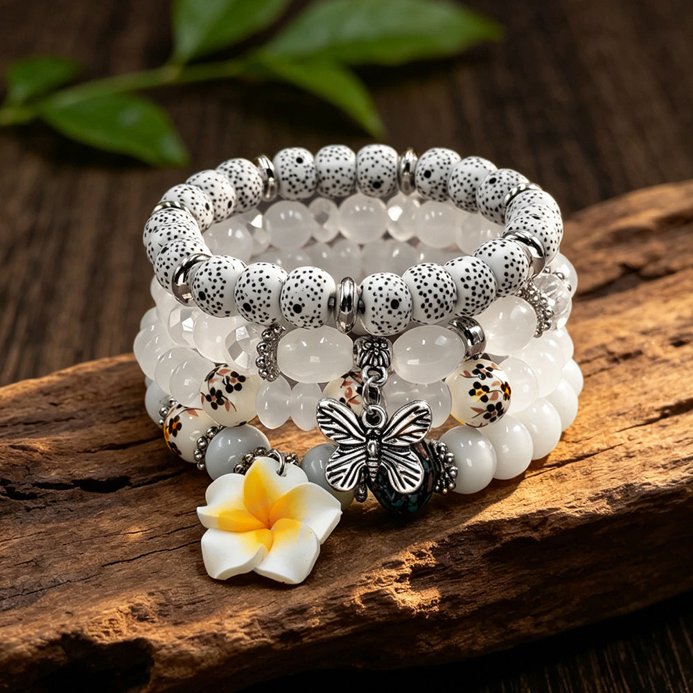 Bohemian Sky Blue Beaded Flowers Alloy Bracelet For Women