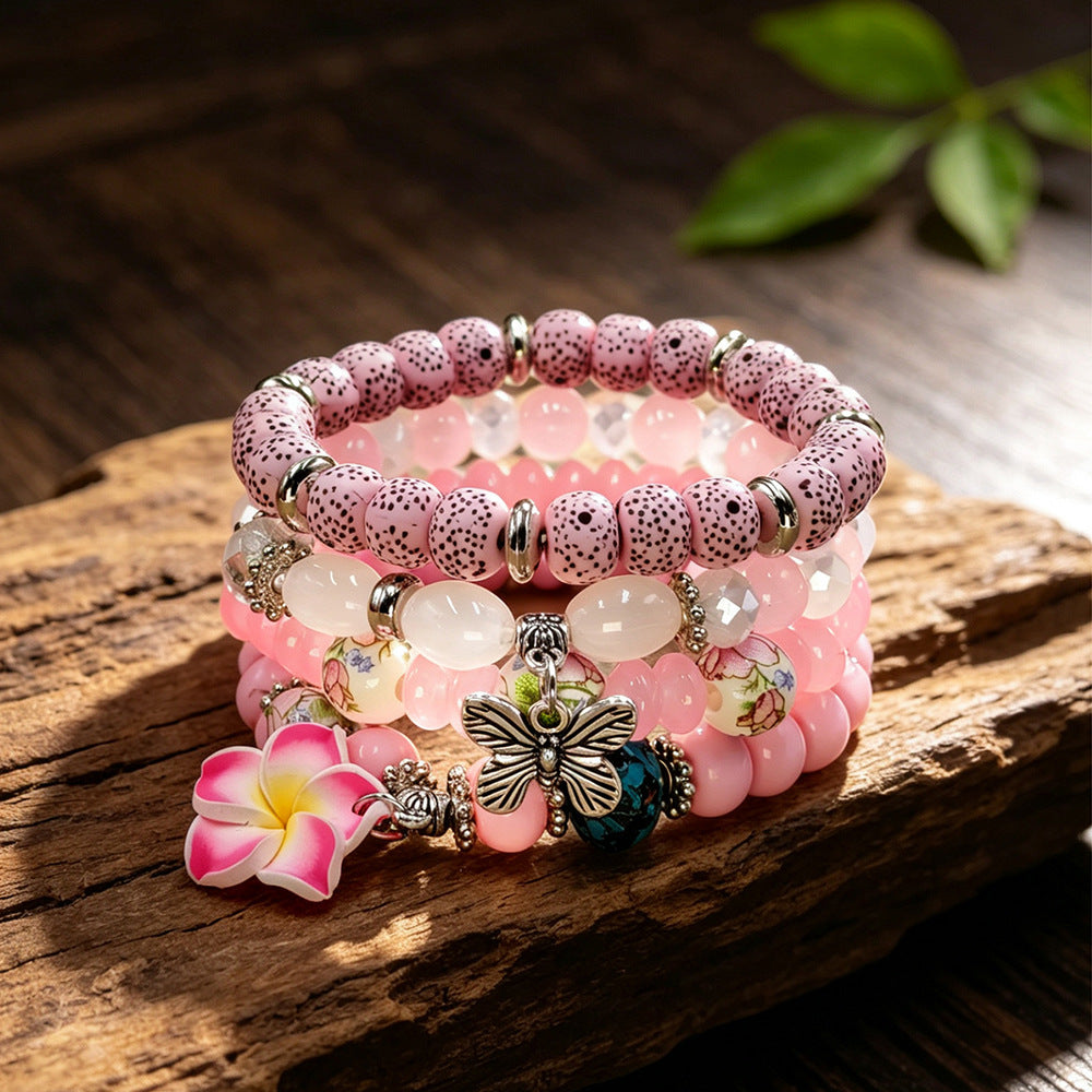 Bohemian Sky Blue Beaded Flowers Alloy Bracelet For Women