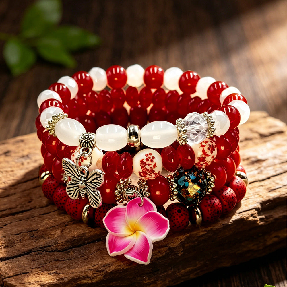 Bohemian Sky Blue Beaded Flowers Alloy Bracelet For Women