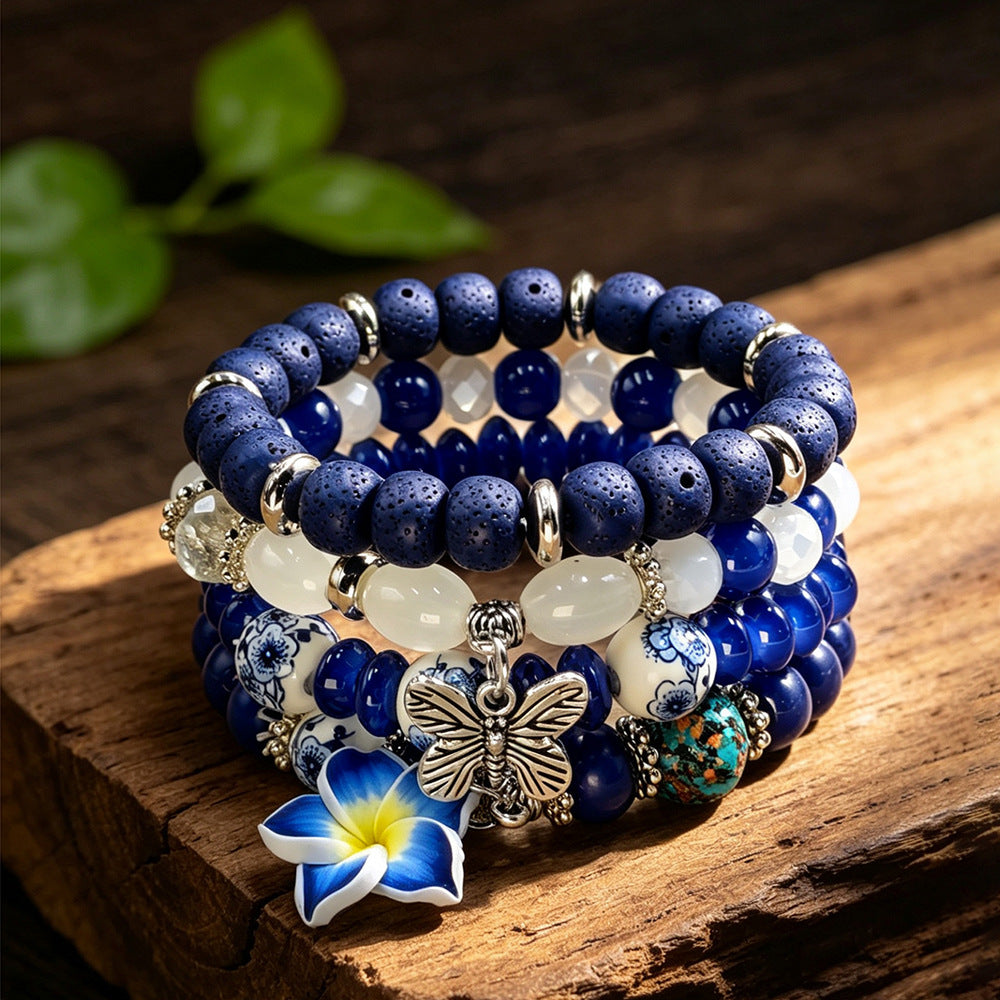 Bohemian Sky Blue Beaded Flowers Alloy Bracelet For Women