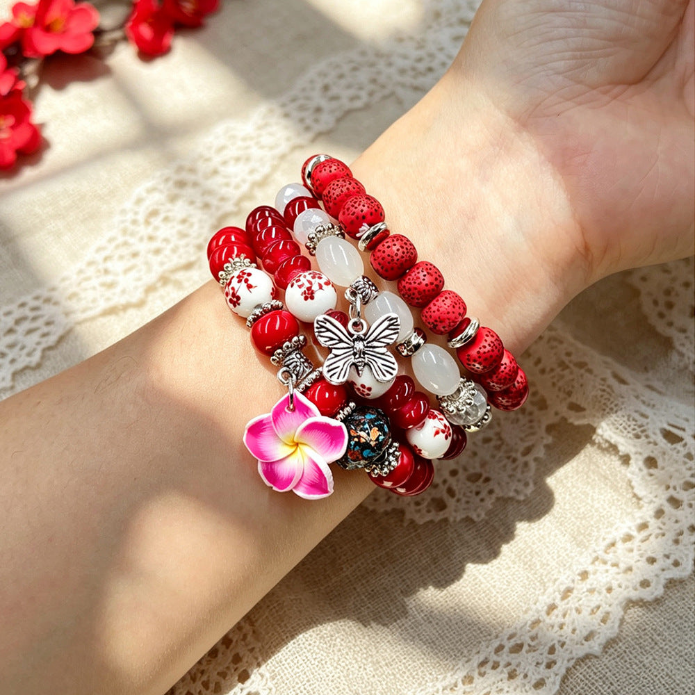 Bohemian Sky Blue Beaded Flowers Alloy Bracelet For Women