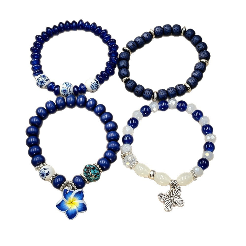 Bohemian Sky Blue Beaded Flowers Alloy Bracelet For Women