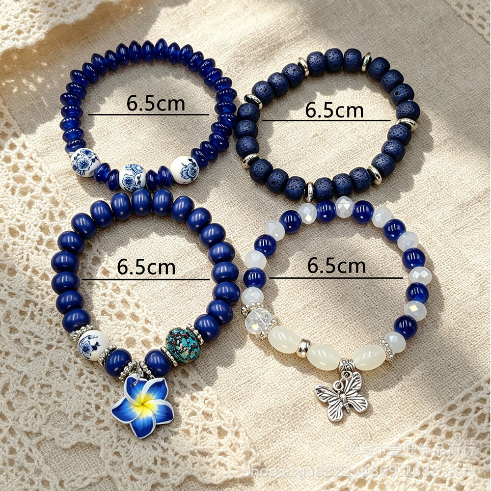 Bohemian Sky Blue Beaded Flowers Alloy Bracelet For Women