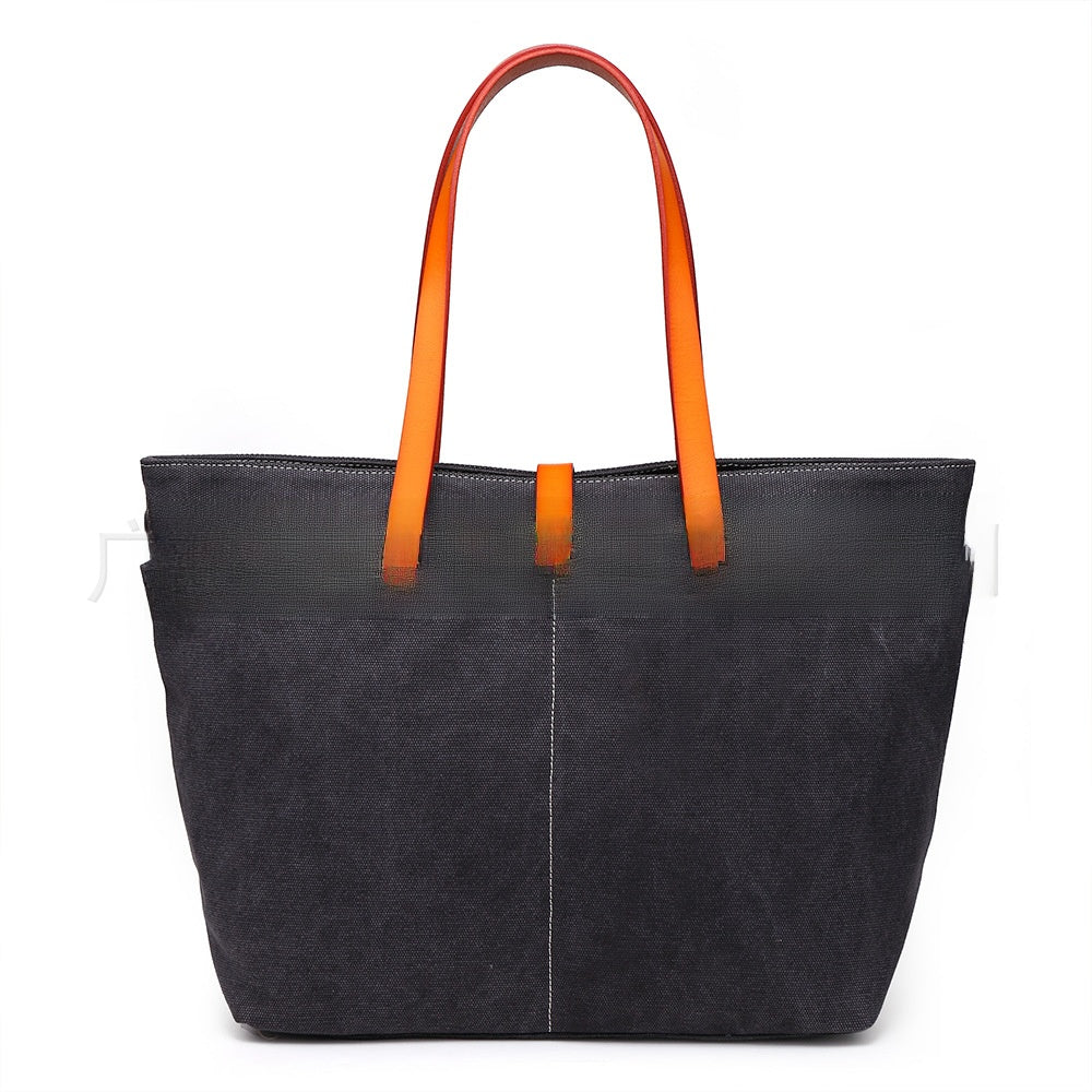 Color Block Square Canvas Tote Bag For Women With Single Shoulder Strap And Large Capacity