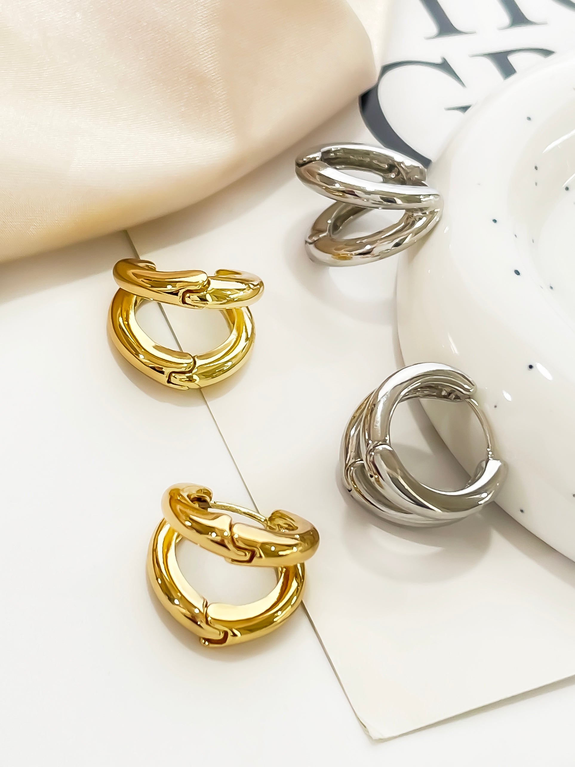 Double Ring Earrings For Women, Hand Polished Copper With 14K Real Gold Water Plating, 0.03µm-0.05µm Thickness