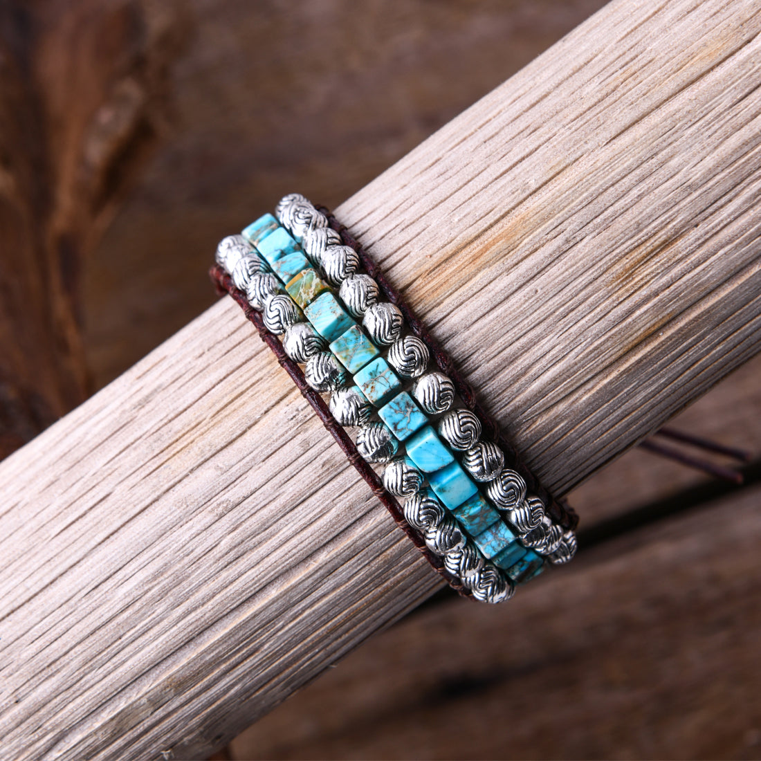 Ethnic Style Geometric Braid Bracelets For Adults With Natural Stone And Silver Plated Beaded Chain