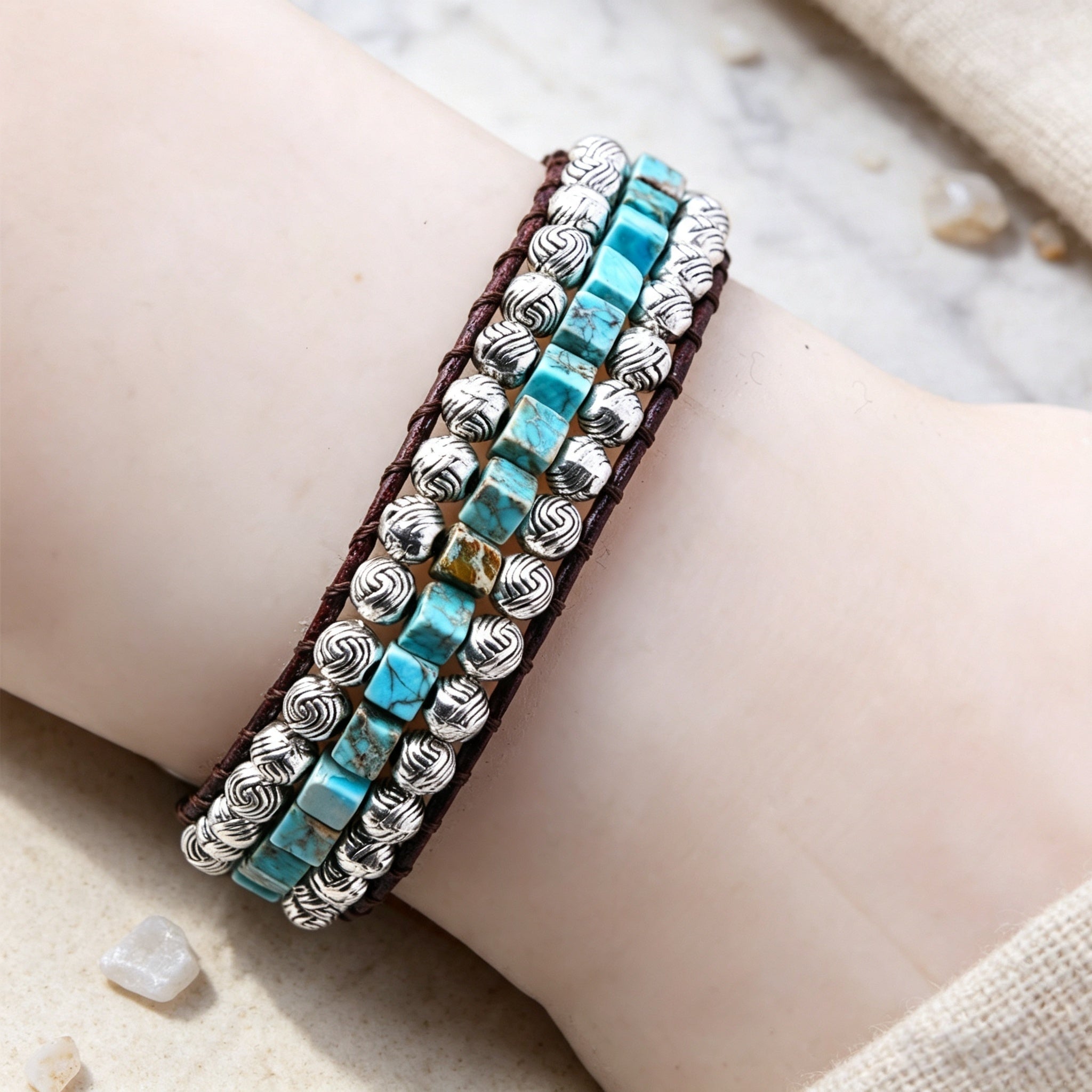 Ethnic Style Geometric Braid Bracelets For Adults With Natural Stone And Silver Plated Beaded Chain