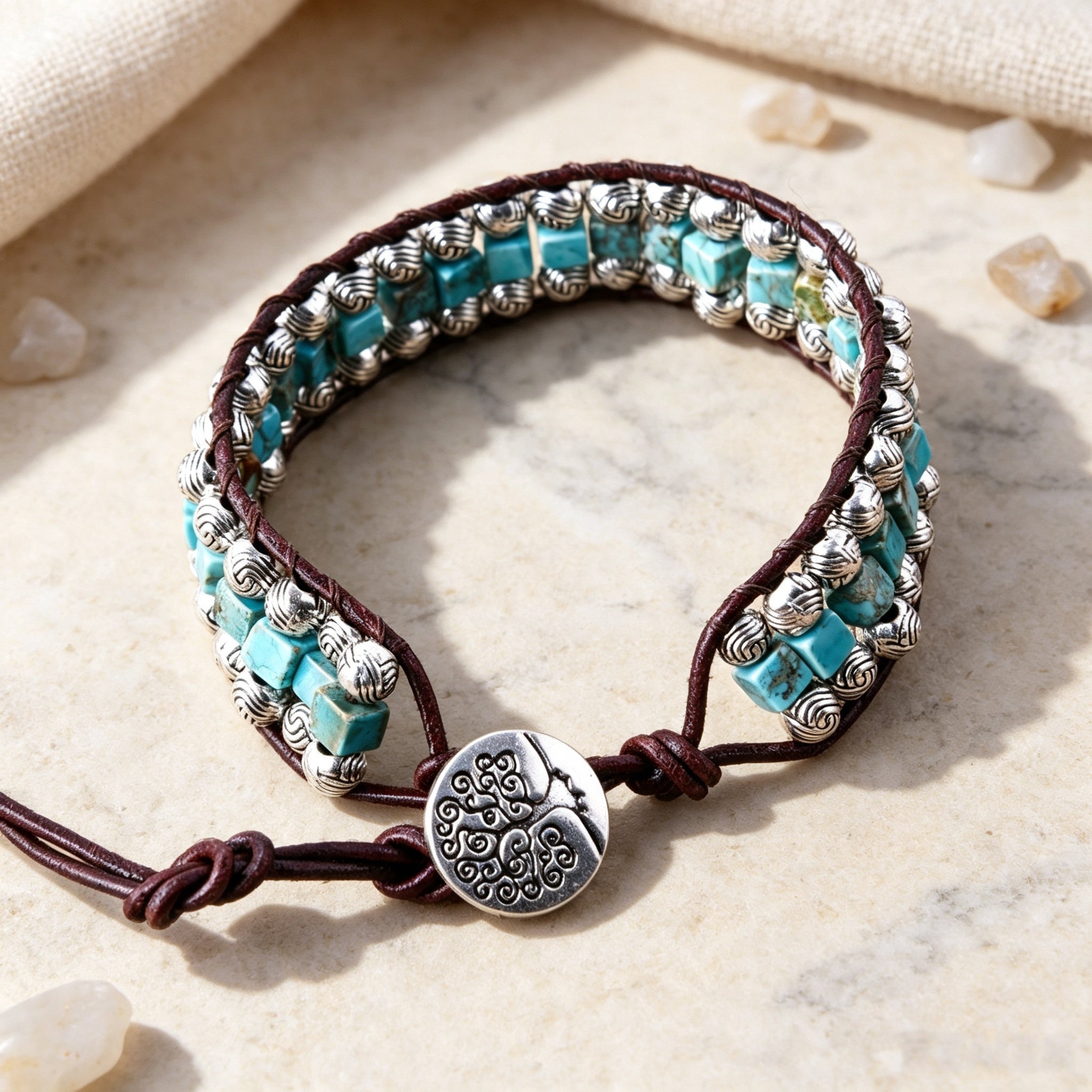 Ethnic Style Geometric Braid Bracelets For Adults With Natural Stone And Silver Plated Beaded Chain