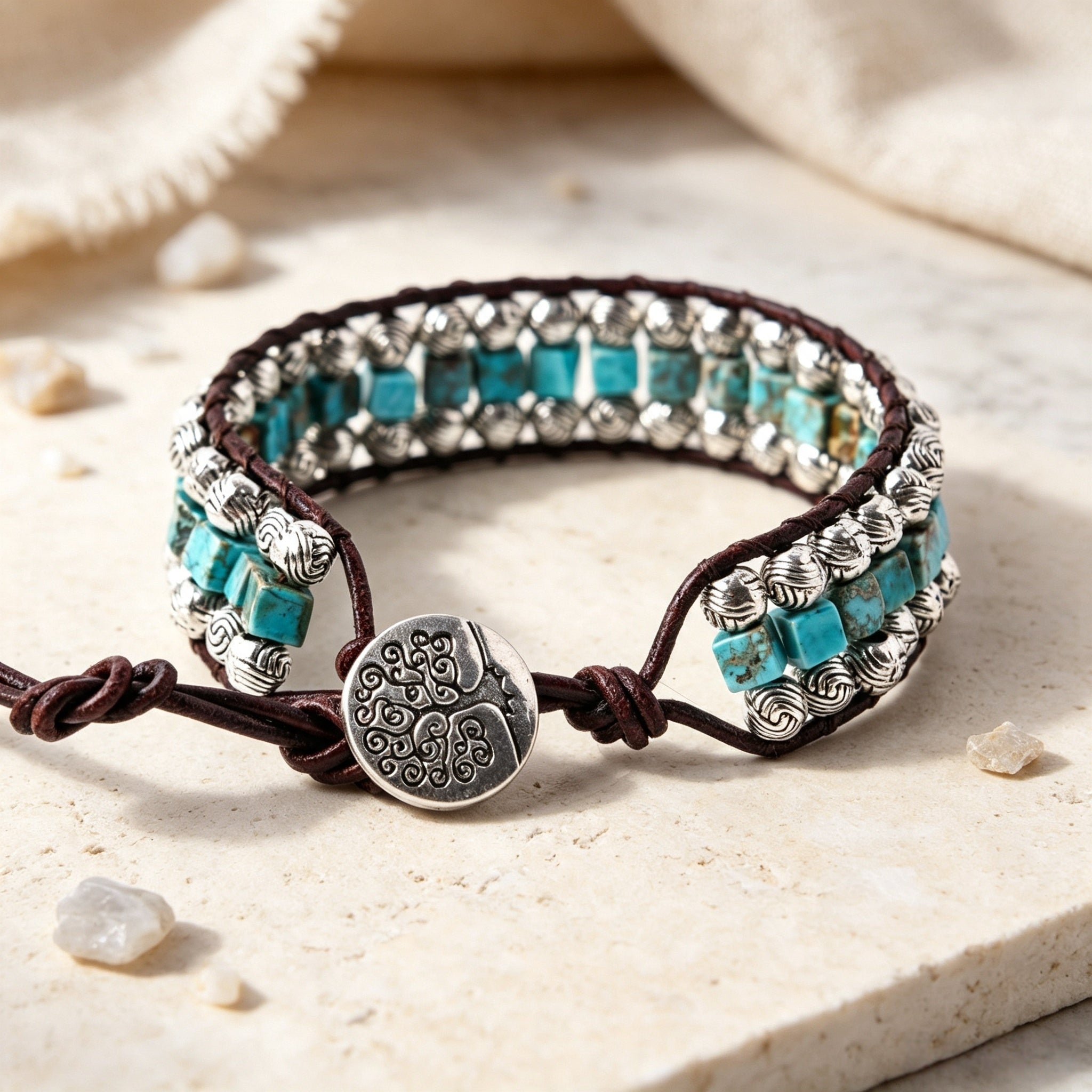 Ethnic Style Geometric Braid Bracelets For Adults With Natural Stone And Silver Plated Beaded Chain