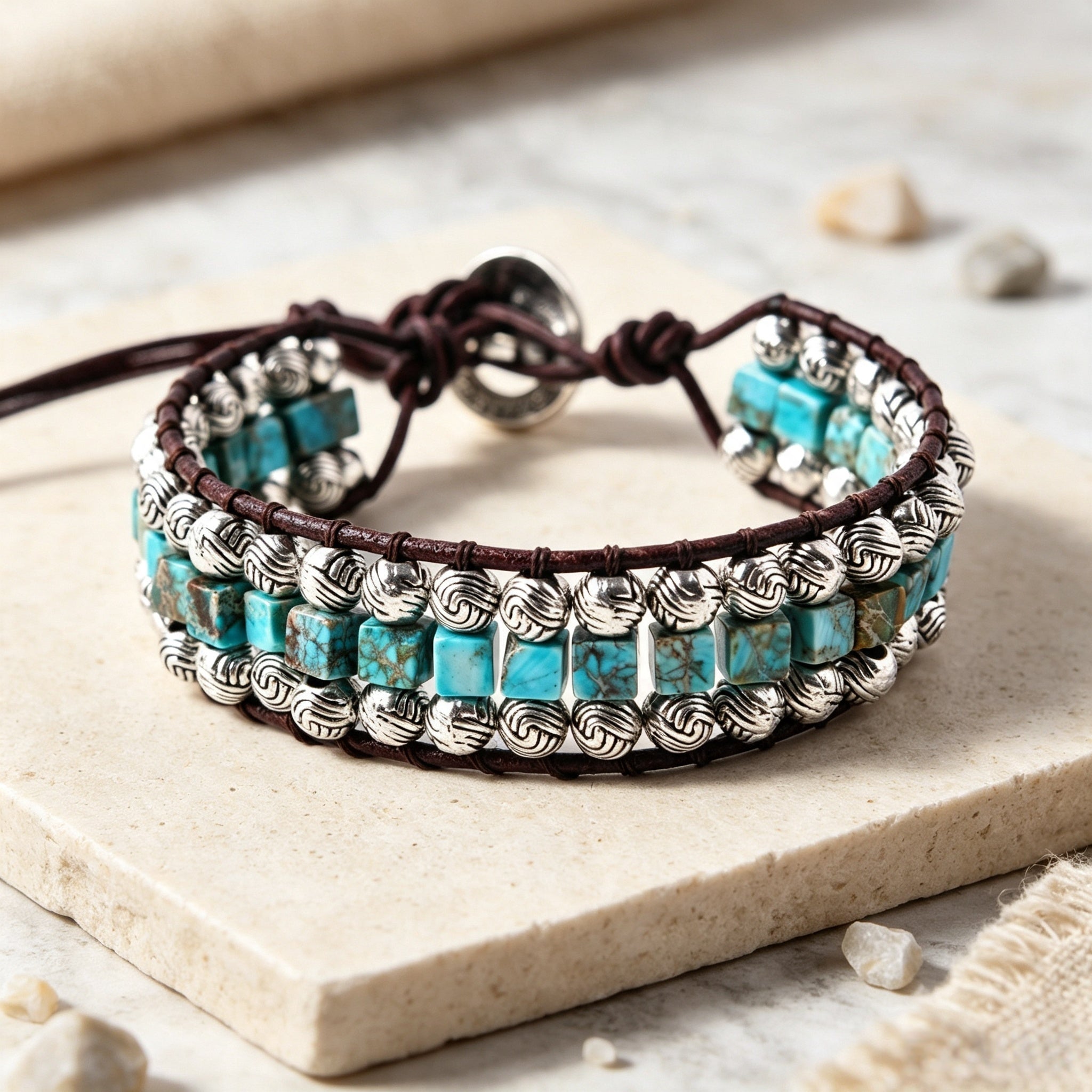 Ethnic Style Geometric Braid Bracelets For Adults With Natural Stone And Silver Plated Beaded Chain