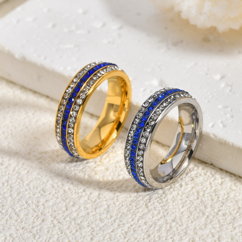 Luxurious Round Couple Rings In Silver Titanium Steel With Rhinestones Featuring Electroplated Finish
