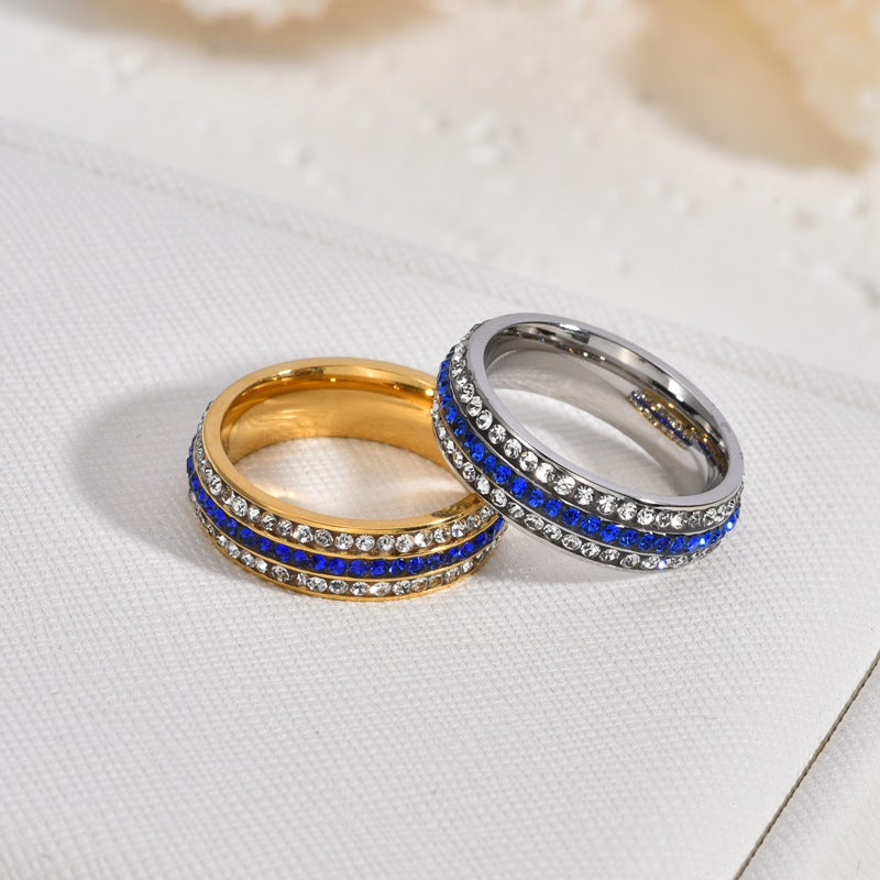 Luxurious Round Couple Rings In Silver Titanium Steel With Rhinestones Featuring Electroplated Finish