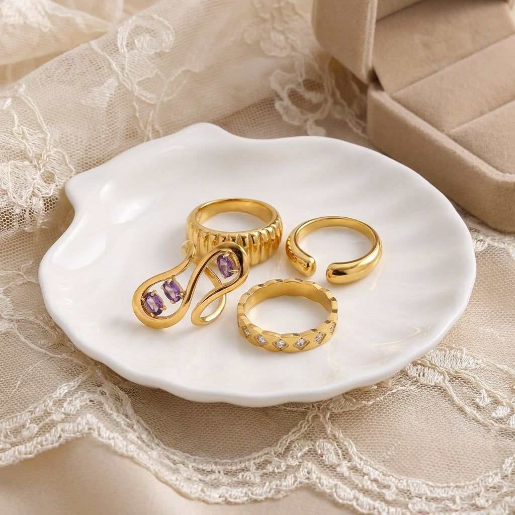 Irregular Electroplated Rings For Women In 304 Stainless Steel With 18K Real Gold PVD Coating And Zircon Inlay