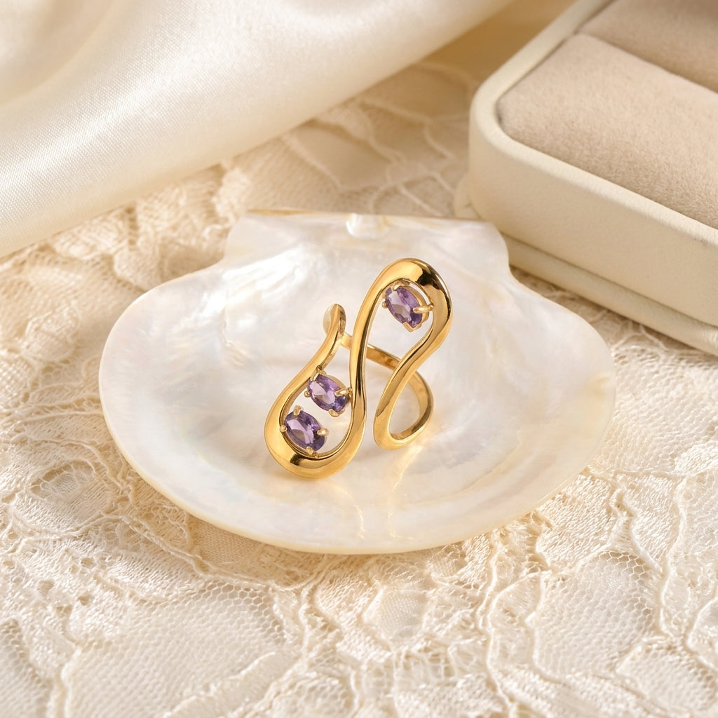 Irregular Electroplated Rings For Women In 304 Stainless Steel With 18K Real Gold PVD Coating And Zircon Inlay