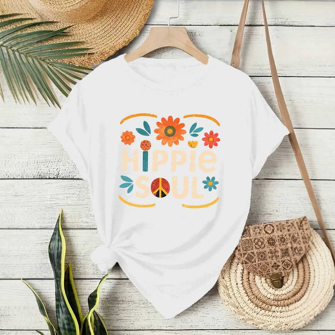 Casual Short Sleeve Cotton T-shirt For Women Featuring Printing Design