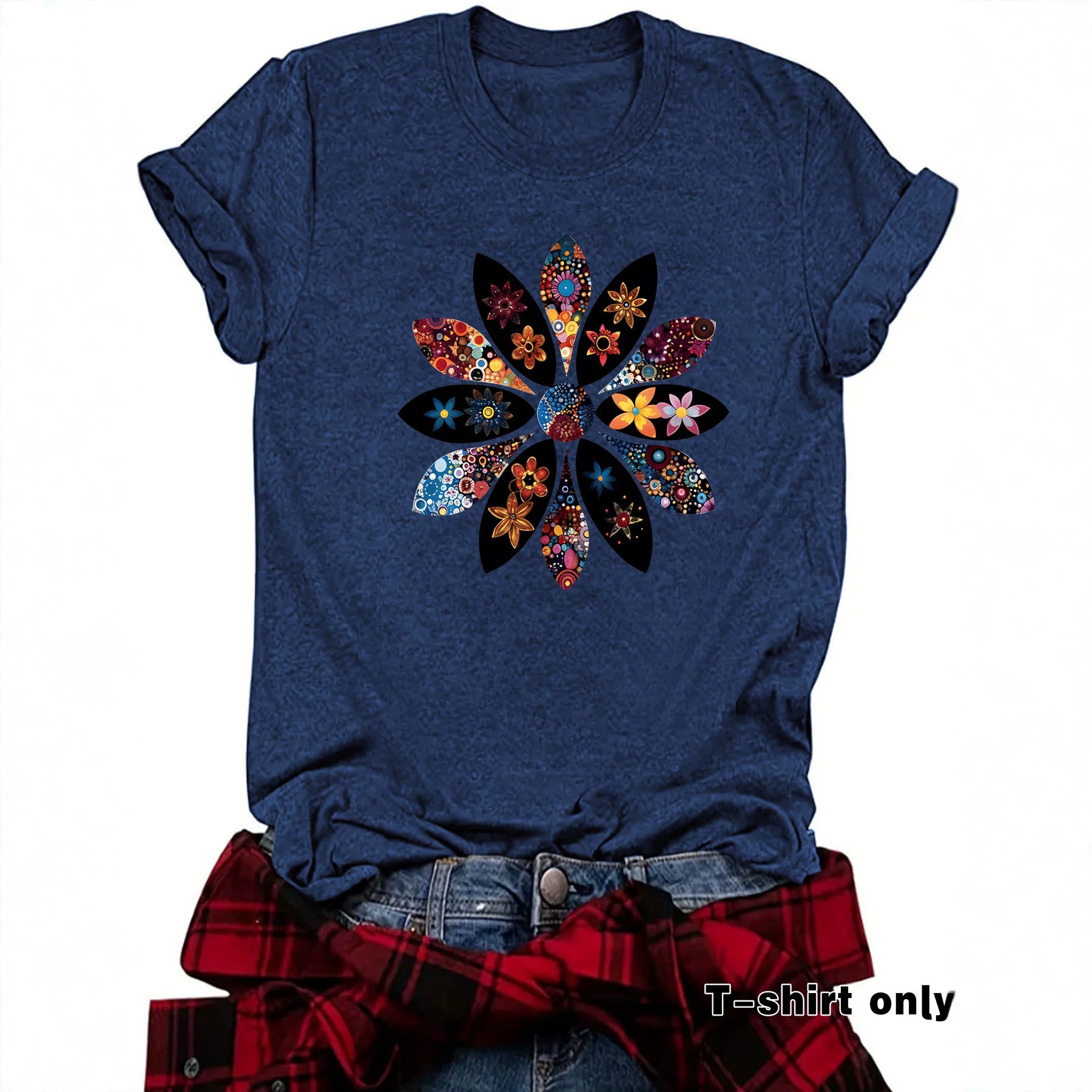 Bohemian Short Sleeve Cotton T-shirt With Flowers Pattern Featuring Printing Technique