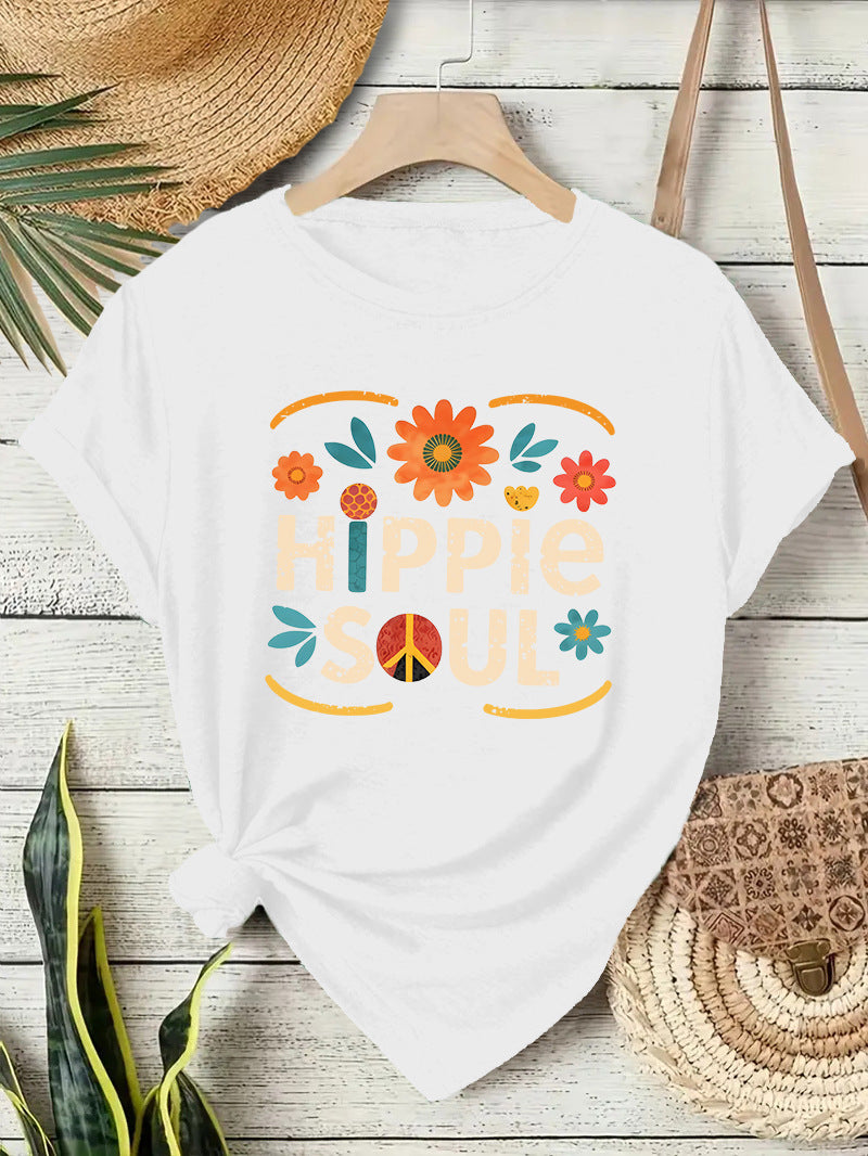Casual Short Sleeve Cotton T-shirt For Women Featuring Printing Design