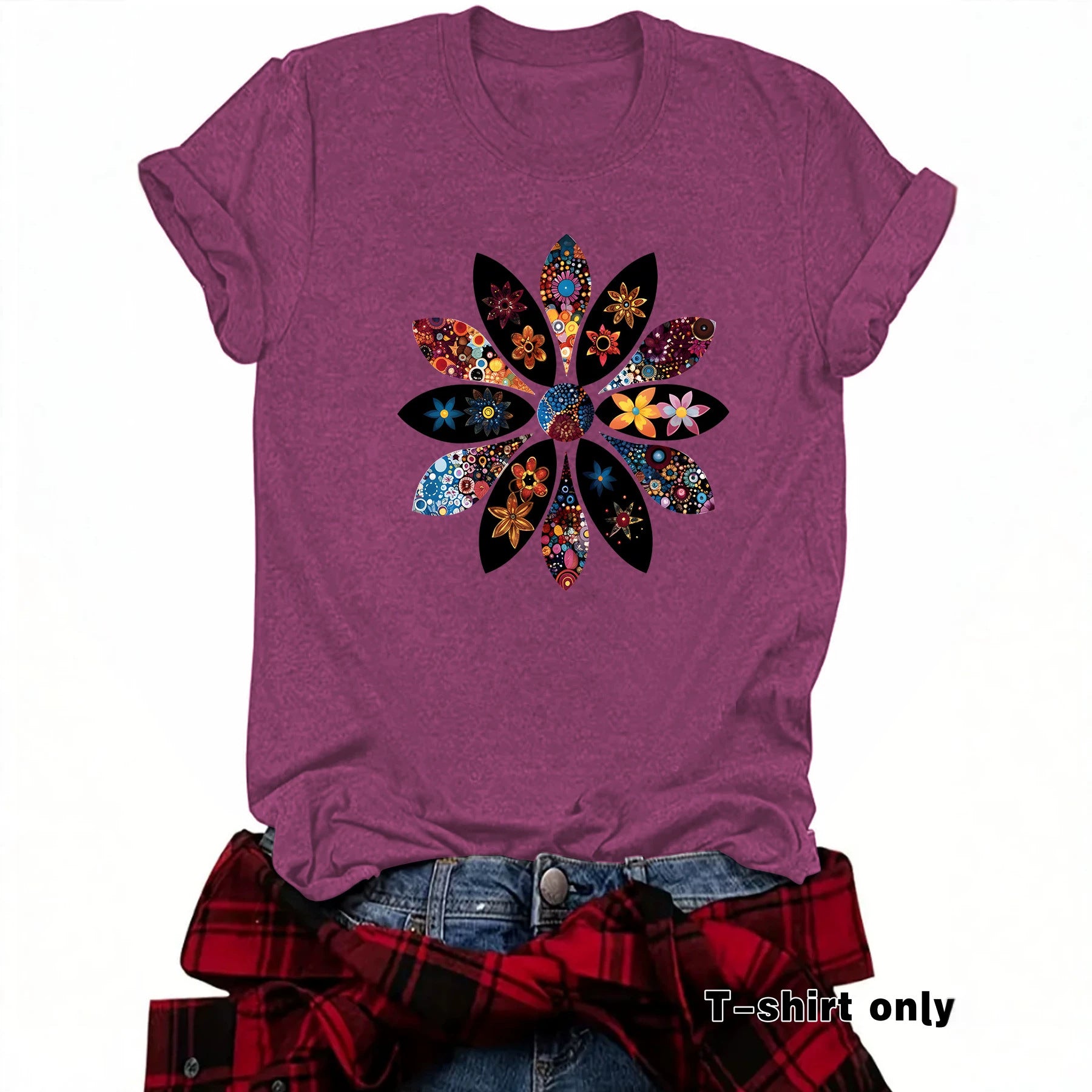 Bohemian Short Sleeve Cotton T-shirt With Flowers Pattern Featuring Printing Technique
