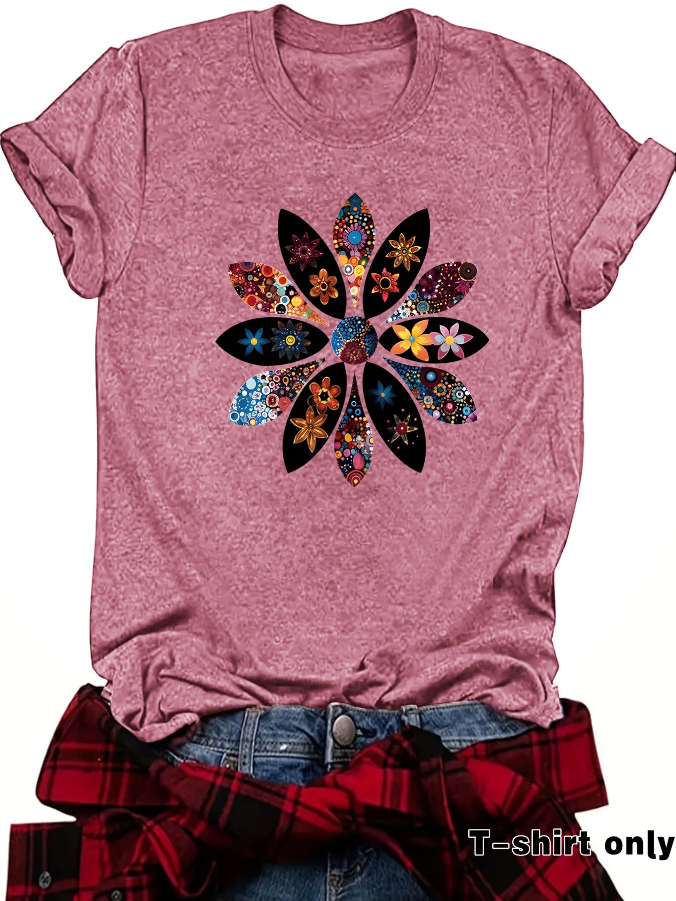 Bohemian Short Sleeve Cotton T-shirt With Flowers Pattern Featuring Printing Technique