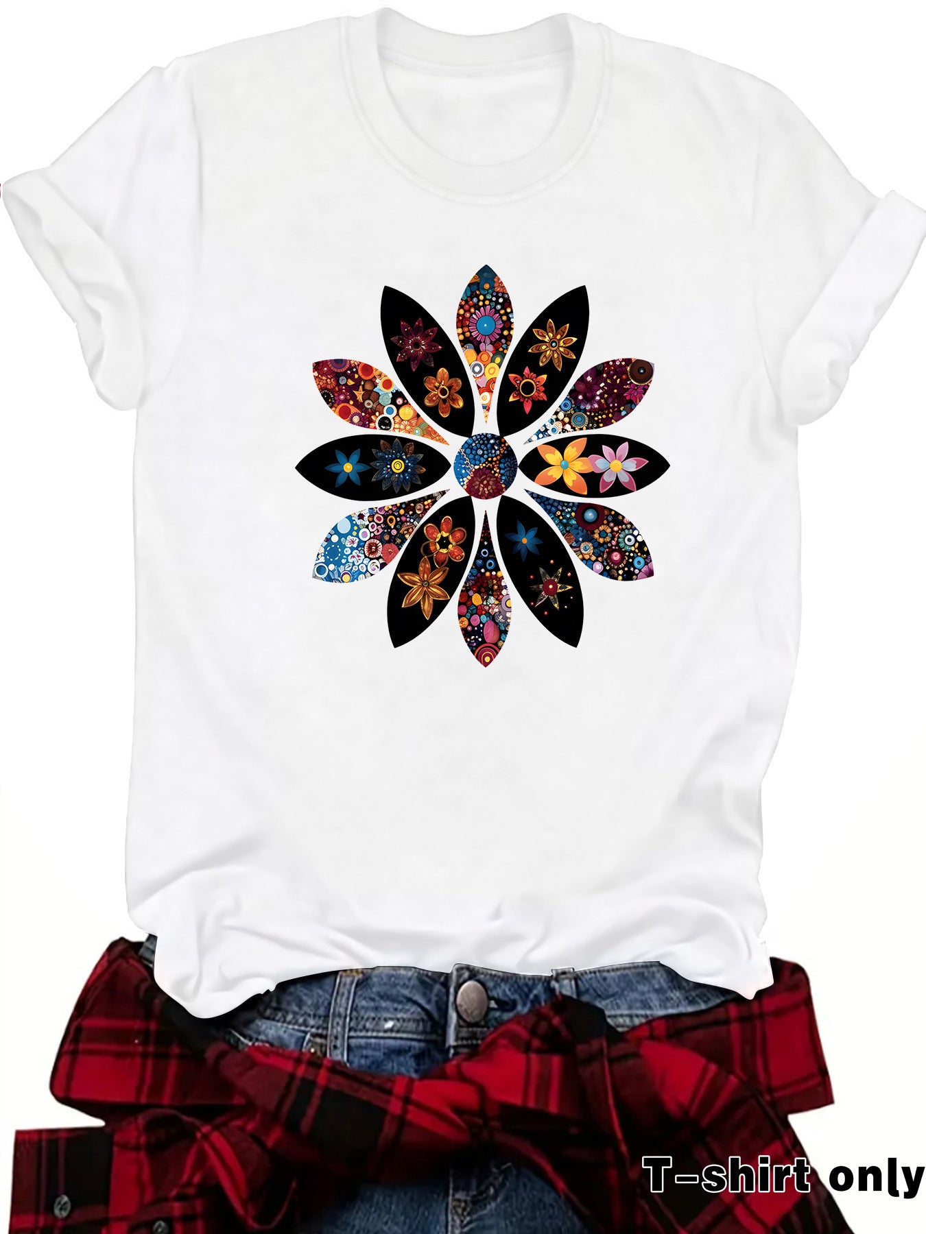 Bohemian Short Sleeve Cotton T-shirt With Flowers Pattern Featuring Printing Technique
