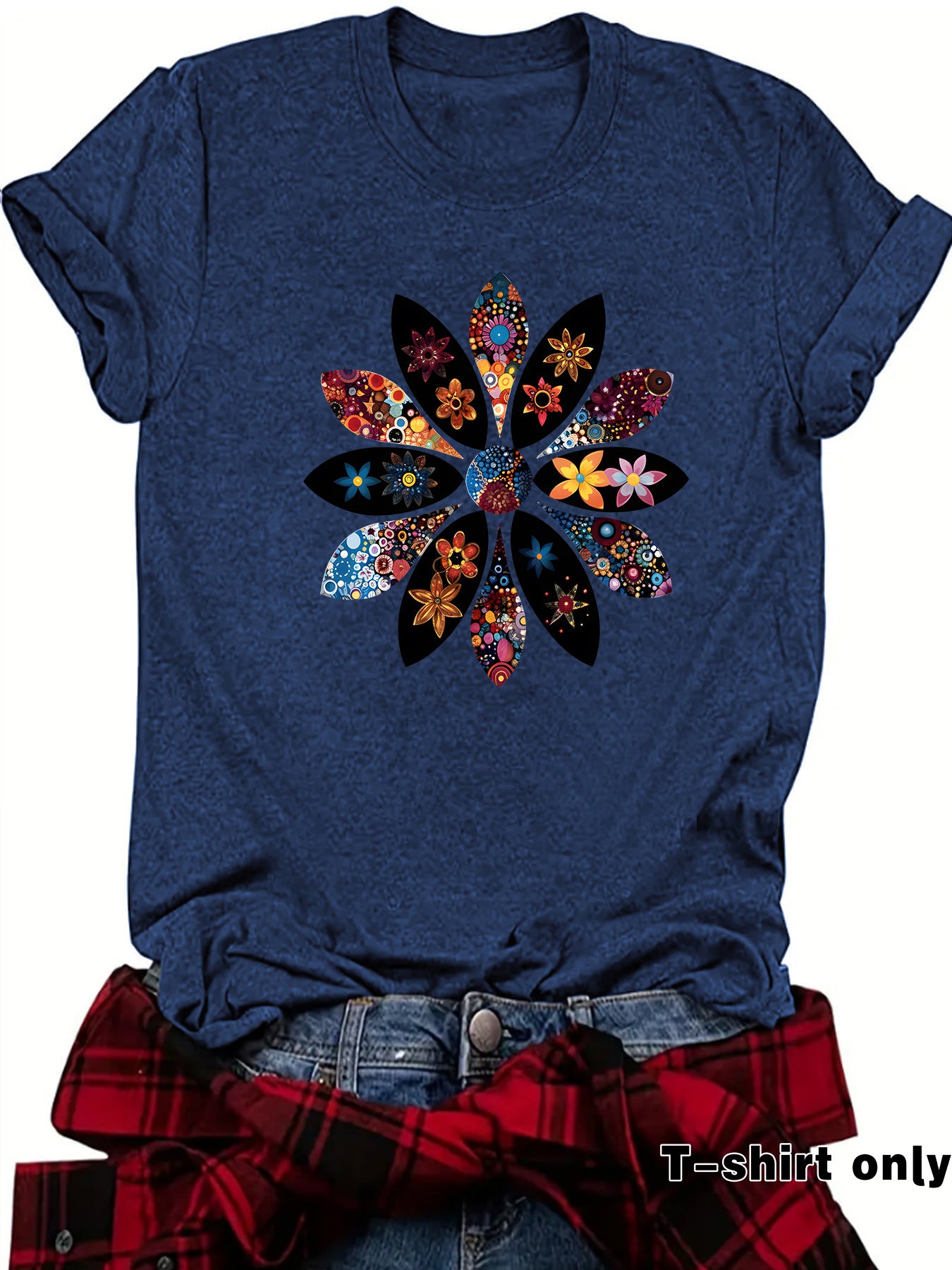 Bohemian Short Sleeve Cotton T-shirt With Flowers Pattern Featuring Printing Technique