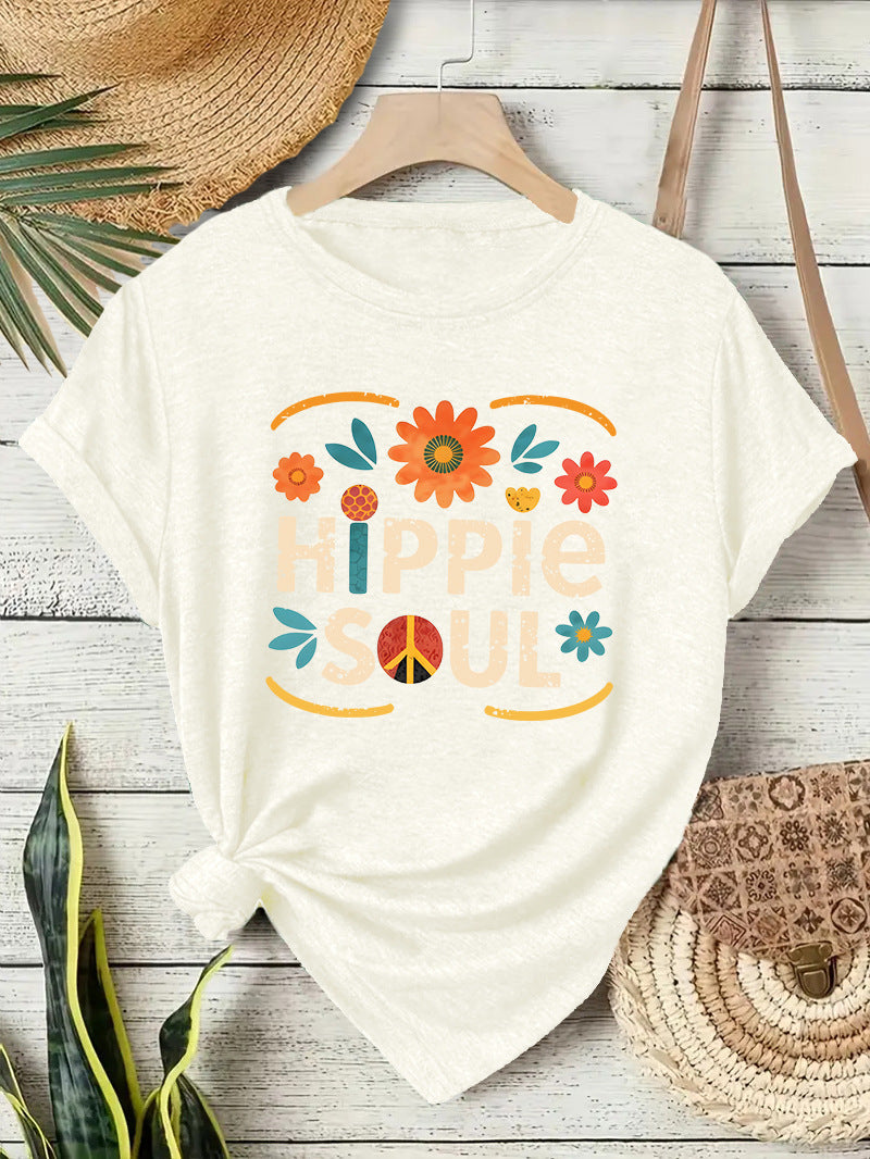 Casual Short Sleeve Cotton T-shirt For Women Featuring Printing Design